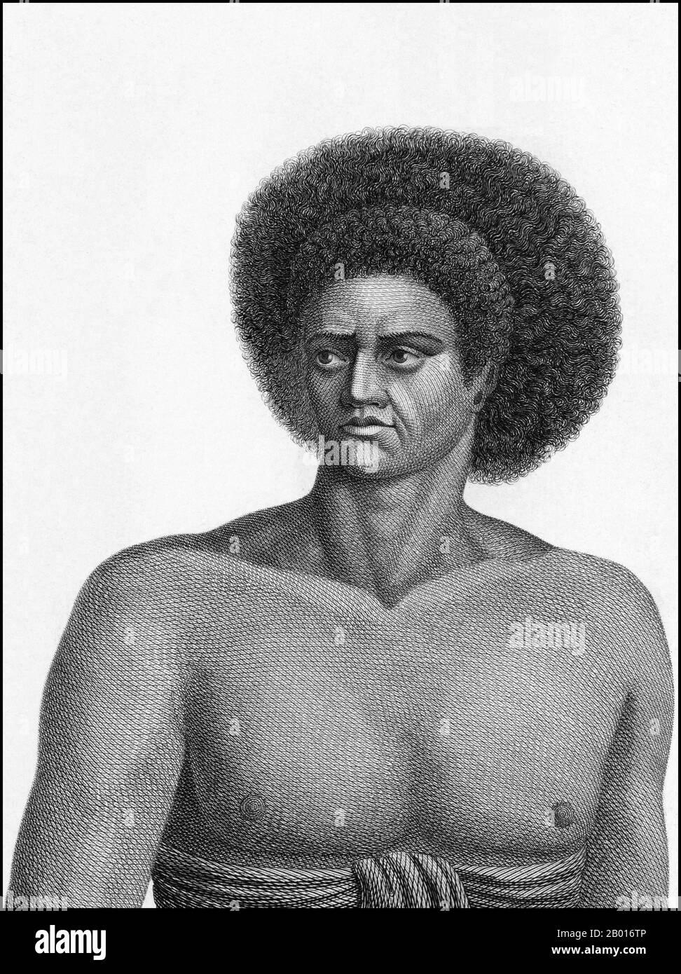 Fiji: A Fijian man. Engraving from 'Atlas du Voyage de La Pérouse' by Jean Piron (1767-1797) & Jacques-Louis Copia (1764-1799), 1792.  Jean-François de Galaup, Comte de La Pérouse (1741-1788) was a French explorer and naval officer. In 1785, the King of France commissioned La Perouse to head an expedition to explore the Pacific Ocean, to investigate whaling and fur prospects, and to establish French claims in this area. La Pérouse had admired the explorer James Cook, and wanted to continue his work. La Perouse was assigned two 500-ton ships called the Astrolabe and the Boussole. Stock Photo