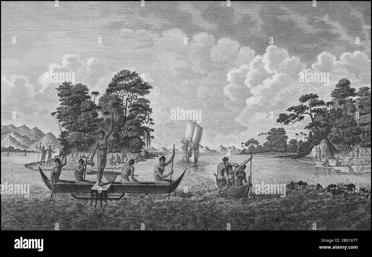Papua New Guinea: Boats and people of the Admiralty Islands. Engraving from 'Atlas du Voyage de La Pérouse' by Jean Piron (1767-1797) & Jacques-Louis Copia (1764-1799), 1792.  Jean-François de Galaup, Comte de La Pérouse (1741-1788) was a French explorer and naval officer. In 1785, the King of France commissioned La Perouse to head an expedition to explore the Pacific Ocean, to investigate whaling and fur prospects, and to establish French claims in this area. La Pérouse had admired the explorer James Cook, and wanted to continue his work. Stock Photo