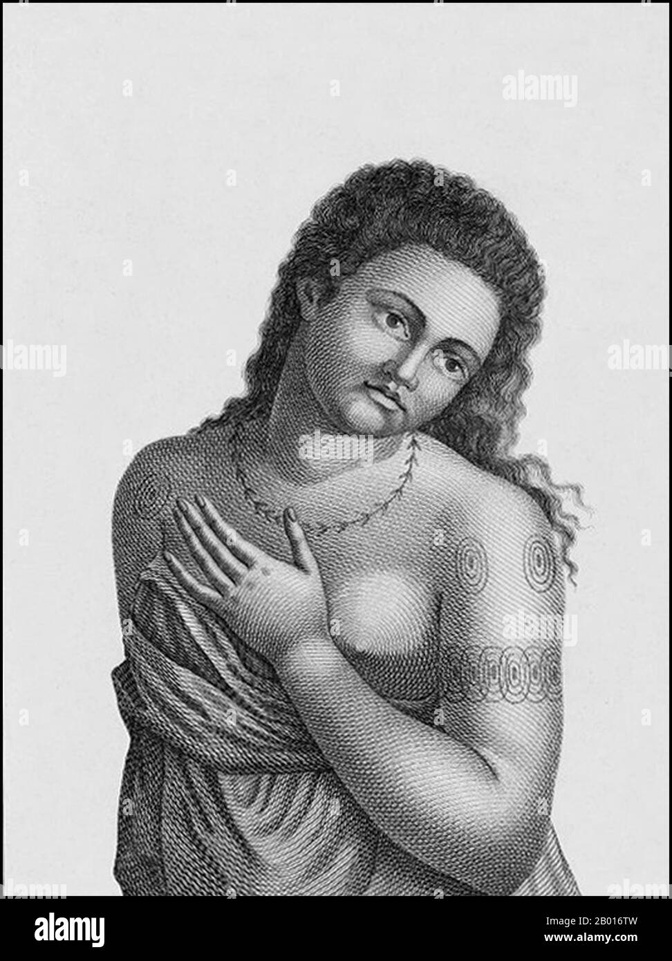Papua New Guinea: A female inhabitant of the Admiralty Islands. Engraving from 'Atlas du Voyage de La Pérouse' by Jean Piron (1767-1797) & Jacques-Louis Copia (1764-1799), 1792.  Jean-François de Galaup, Comte de La Pérouse (1741-1788) was a French explorer and naval officer. In 1785, the King of France commissioned La Perouse to head an expedition to explore the Pacific Ocean, to investigate whaling and fur prospects, and to establish French claims in this area. La Pérouse had admired the explorer James Cook, and wanted to continue his work. Stock Photo