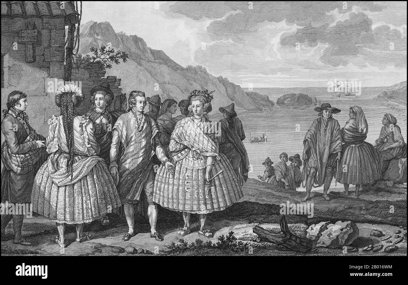 Chile: Manner of dress of the inhabitants of Concepcion. Engraving from 'Atlas du Voyage de La Pérouse' by Gaspard Duche de Vancy (1756-1788), 1791.  Jean-François de Galaup, Comte de La Pérouse (1741-1788) was a French explorer and naval officer. In 1785, the King of France commissioned La Perouse to head an expedition to explore the Pacific Ocean, to investigate whaling and fur prospects, and to establish French claims in this area. La Pérouse had admired the explorer James Cook, and wanted to continue his work.  La Perouse was assigned two 500-ton ships called the Astrolabe and the Boussole Stock Photo
