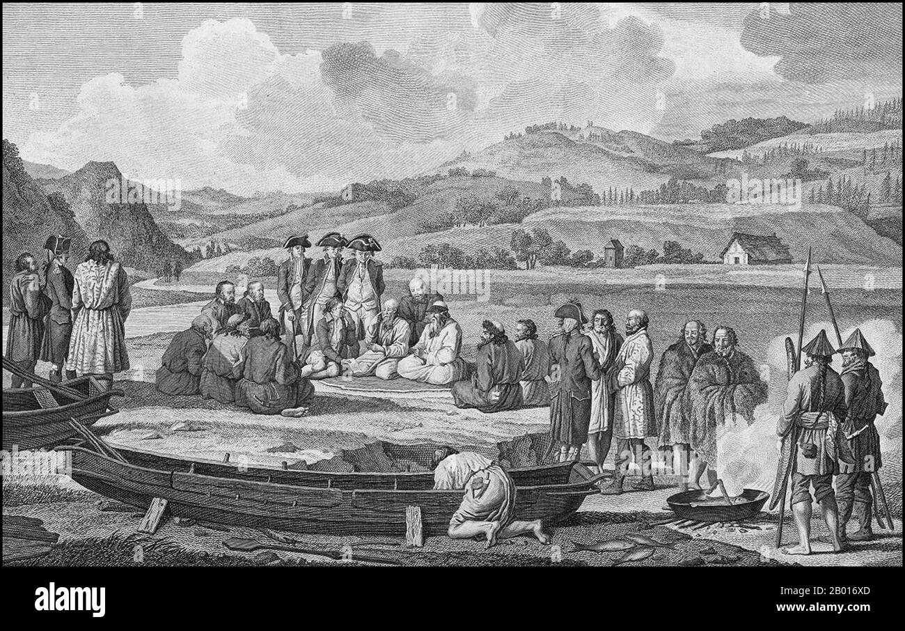 Russia: Dress of the inhabitants of Langle Bay, Sakhalin. Engraving from 'Atlas du Voyage de La Pérouse' by Gaspard Duche de Vancy (1756-1788), 1792.  Jean-François de Galaup, Comte de La Pérouse (1741-1788) was a French explorer and naval officer. In 1785, the King of France commissioned La Perouse to head an expedition to explore the Pacific Ocean, to investigate whaling and fur prospects, and to establish French claims in this area. La Pérouse had admired the explorer James Cook, and wanted to continue his work. Stock Photo