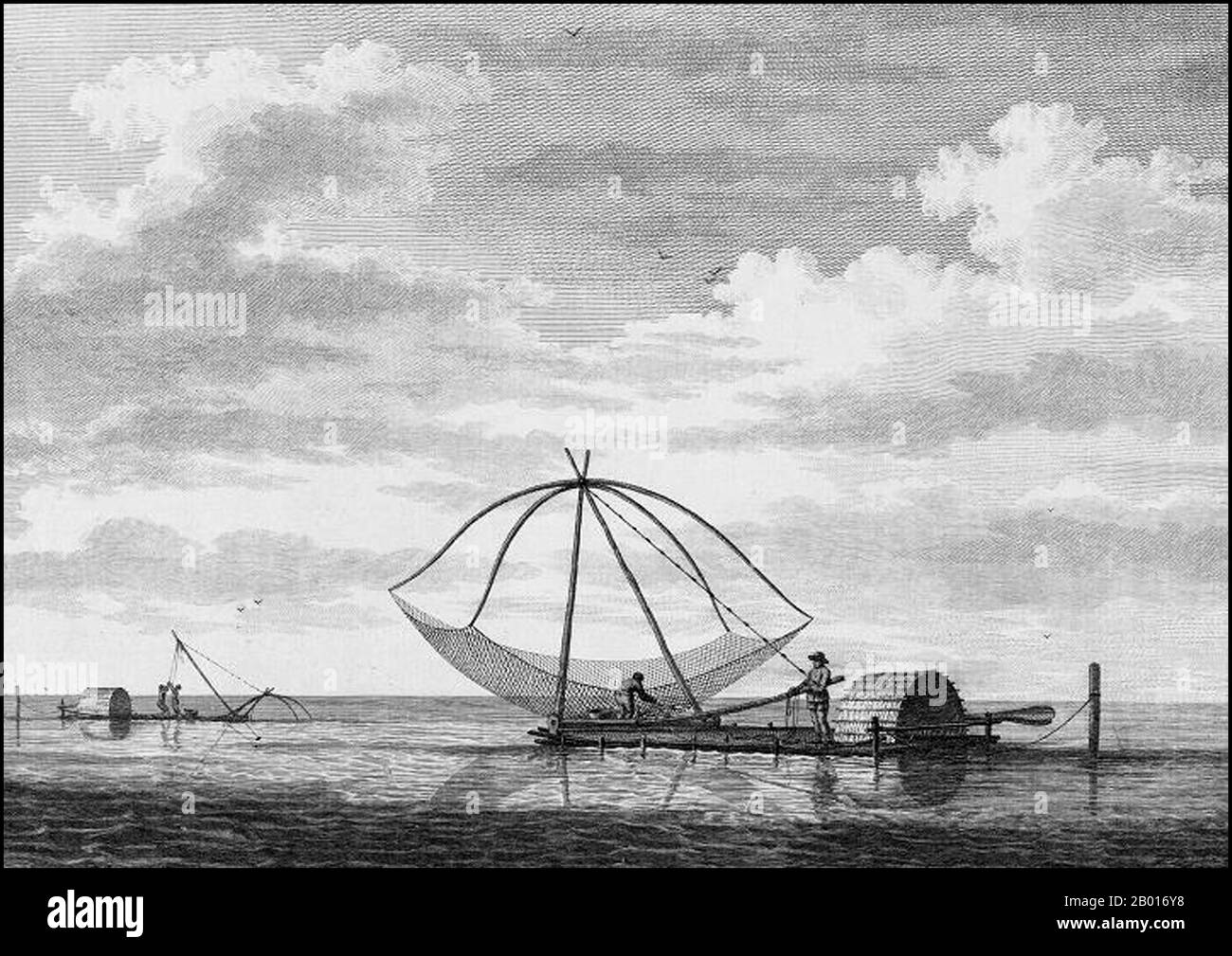 Philippines: Fishing with Chinese-style nets off Manila. Engraving from 'Atlas du Voyage de La Pérouse' by Francois Michel Blondela (1761-1788), 1792.  Jean-François de Galaup, Comte de La Pérouse (1741-1788) was a French explorer and naval officer. In 1785, the King of France commissioned La Perouse to head an expedition to explore the Pacific Ocean, to investigate whaling and fur prospects, and to establish French claims in this area. La Pérouse had admired the explorer James Cook, and wanted to continue his work. Stock Photo