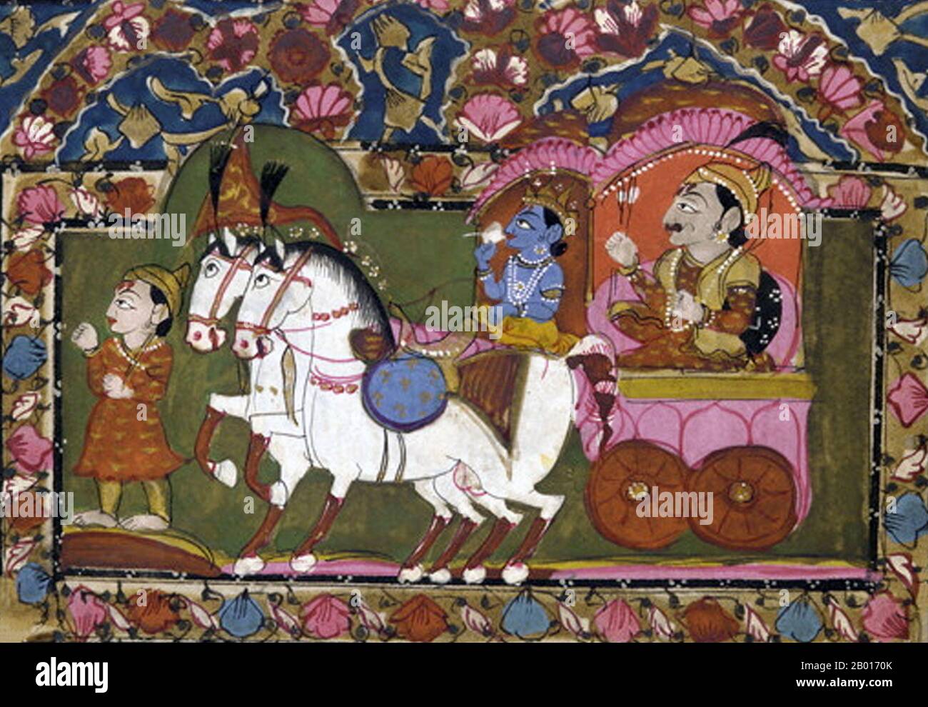 India: Krishna and Arjuna on a chariot. Carpet, c. 18th-19th century. This  famous scene from Hindu mythology features the god Krishna with his cousin,  Prince Arjuna, on a chariot heading into war
