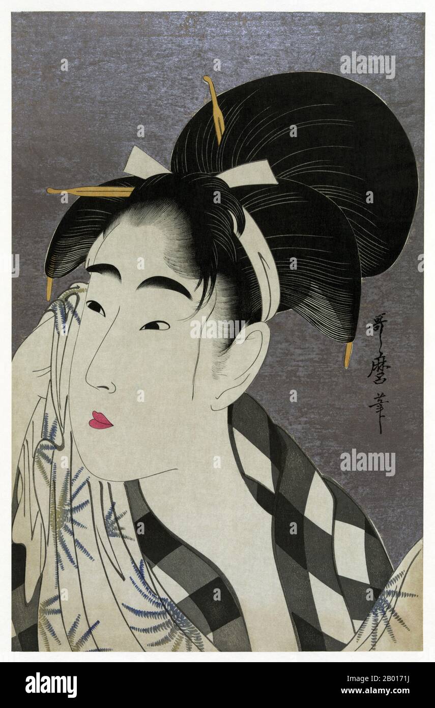 Japan: 'Woman Wiping Sweat'. Ukiyo-e woodblock print by Kitagawa Utamaro (c. 1753 - 31 October 1806), 1798.  Kitagawa Utamaro was a Japanese printmaker and painter, who is considered one of the greatest artists of woodblock prints (ukiyo-e). He is known especially for his masterfully composed studies of women, known as bijinga. He also produced nature studies, particularly illustrated books of insects. Stock Photo