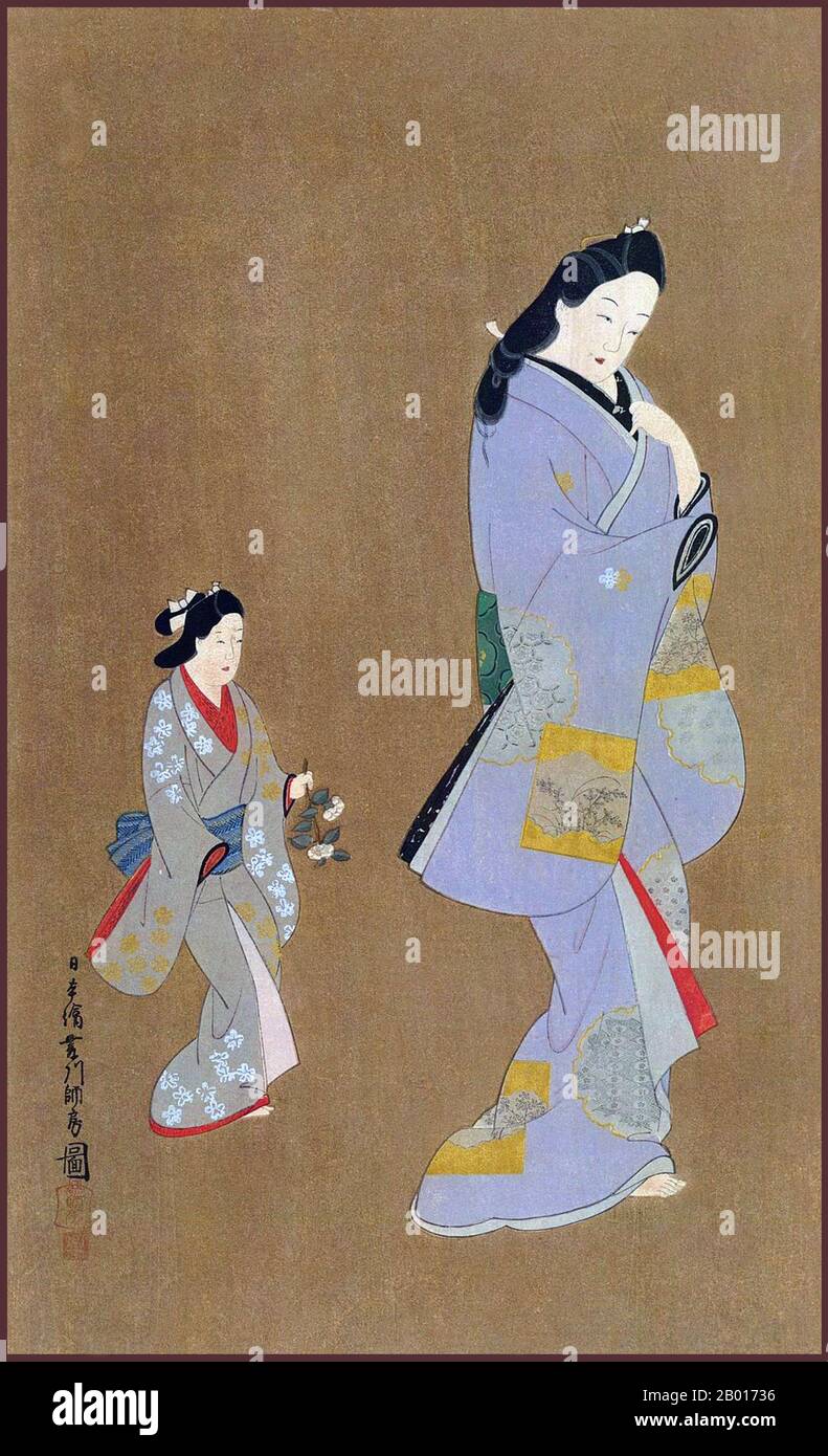Japan: 'A Beautiful Woman with her Maid'. Hanging scroll painting by Hishikawa Morofusa (active c. 1685-1715), c. 1700.  Yamato-e is a style of Japanese painting inspired by Tang Dynasty paintings and developed in the late Heian period. It is considered the classical Japanese style. From the Muromachi period (15th century), the term Yamato-e has been used to distinguish work from contemporary Chinese style paintings (kara-e), which were inspired by Song and Yuan Dynasty Zen Buddhism paintings. Stock Photo