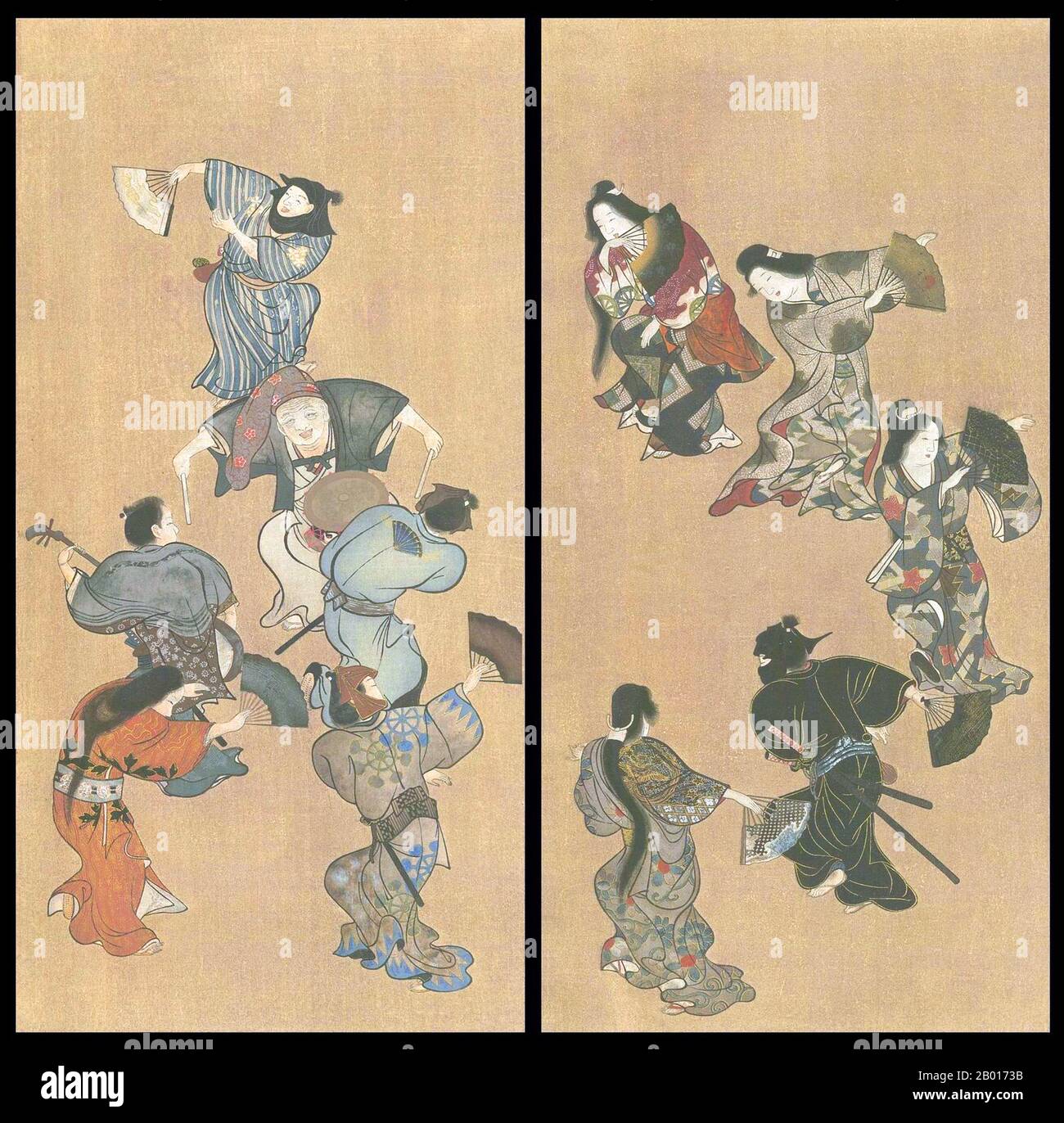 Japan: Two groups of men and women dancing. Hanging scroll painting, 17th century.  Yamato-e is a style of Japanese painting inspired by Tang Dynasty paintings and developed in the late Heian period. It is considered the classical Japanese style. From the Muromachi period (15th century), the term Yamato-e has been used to distinguish work from contemporary Chinese style paintings (kara-e), which were inspired by Song and Yuan Dynasty Zen Buddhism paintings.  The Yamato-e often tell narrative themes with text along with them, show the beauty of nature, e.g. famous places (meisho-e). Stock Photo