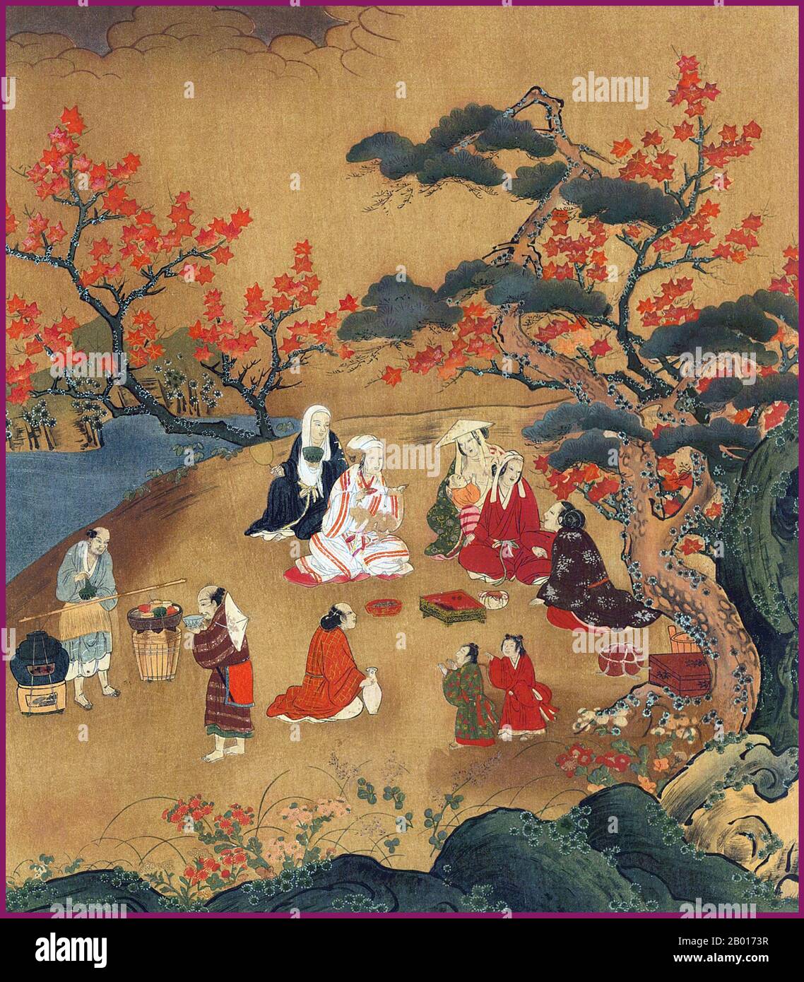 Japan: 'Women Looking at the Maple Trees at Takao, near Kyoto'. Illustration by Kano Hideyori (Muromachi period, 16th century).  Yamato-e is a style of Japanese painting inspired by Tang Dynasty paintings and developed in the late Heian period. It is considered the classical Japanese style. From the Muromachi period (15th century), the term Yamato-e has been used to distinguish work from contemporary Chinese style paintings (kara-e), which were inspired by Song and Yuan Dynasty Zen Buddhism paintings. Stock Photo