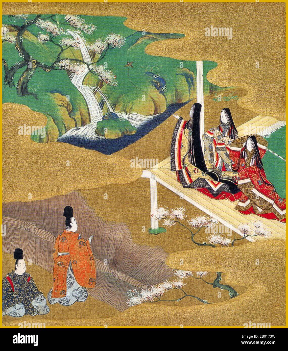 Japan: 'Chapter 5 - Wakamurasaki (Young Murasaki)'. Illustration from the Genji Monogatari ('Tale of Genji'), by Tosa Mitsuoki (21 November 1617 – 14 November 1691), late 17th century.  'The Tale of Genji' is a work of classical Japanese literature from the early 11th century by lady-in-waiting Murasaki Shikibu. The tale recounts the life of Hikaru Genji, the son of the Japanese emperor, and depicts the lifestyles of high courtiers during the Heian period. It is considered by some as the world's first novel, and was written in an archaic and poetic style that is now almost unreadable. Stock Photo