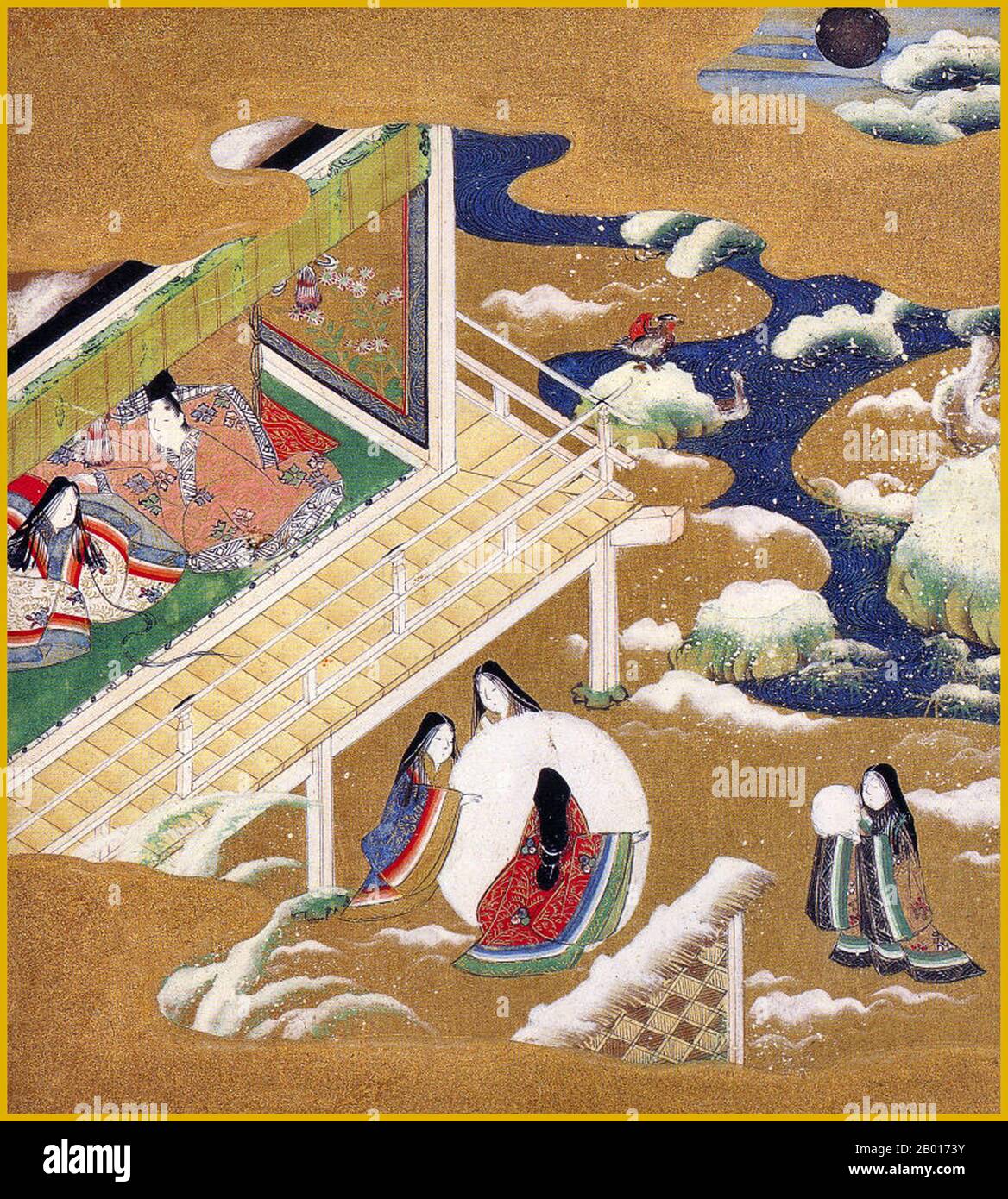 Japan: 'Chapter 20 - Asagao (The Bluebell)'. Illustration from the Genji Monogatari ('Tale of Genji'), by Tosa Mitsuoki (21 November 1617 – 14 November 1691), late 17th century.  'The Tale of Genji' is a work of classical Japanese literature from the early 11th century by lady-in-waiting Murasaki Shikibu. The tale recounts the life of Hikaru Genji, the son of the Japanese emperor, and depicts the lifestyles of high courtiers during the Heian period. It is considered by some as the world's first novel, and was written in an archaic and poetic style that is now almost unreadable. Stock Photo