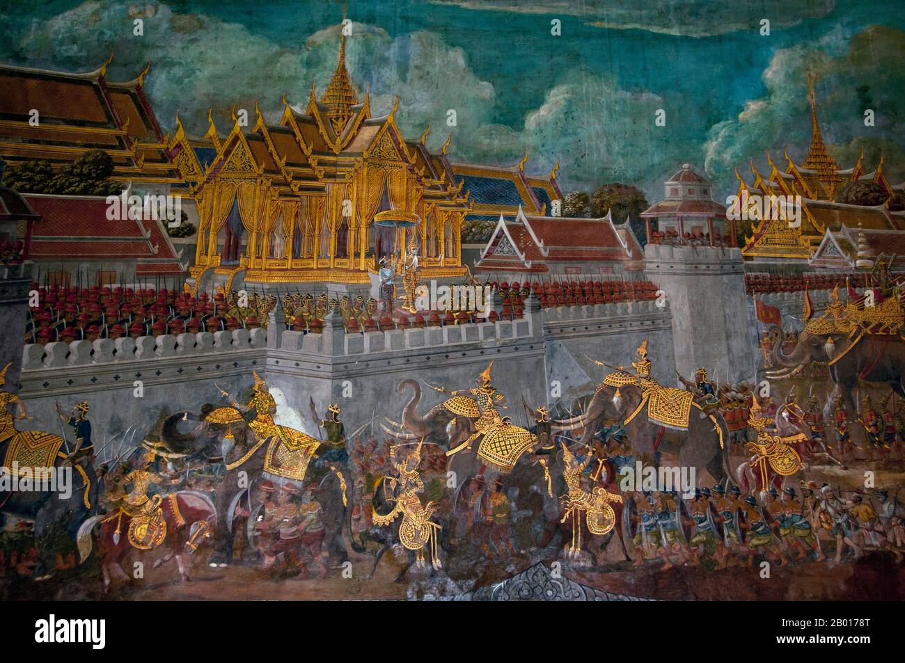 Thailand: The king inspects his troops from Wat Phra Kaew (The Grand Palace), a scene from a mural in the main viharn, Wat Rakhang, Bangkok.  Wat Rakhang Kositaram Woramahawihan (Rakang) was originally built during the Ayutthaya Period (1351 - 1767), but was renovated by King Buddha Yodfa Chulaloke (Rama I, 20 March 1736 – 7 September 1809), and sits on the Thonburi side of Bangkok's Chao Phraya River. Rama I lived within the temple compound before he became king. Stock Photo