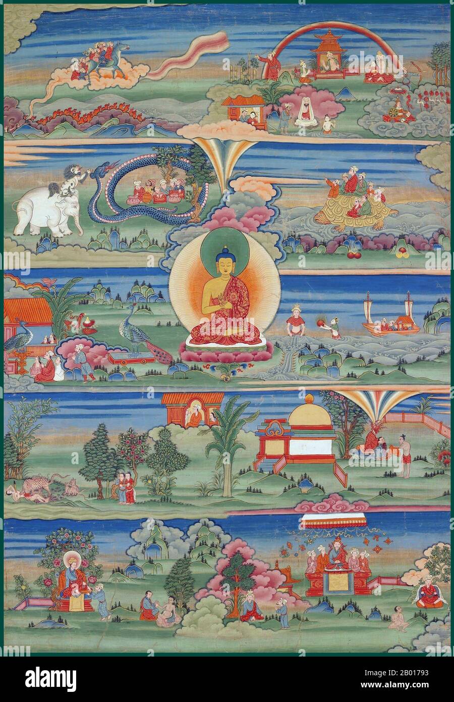 Bhutan: Painted jataka Thangka. Phajoding Gonpa, Thimphu, 18th-19th Century.  Scenes from the traditional jataka, or Buddha life-cycle stories. The Jatakas are amongst the earliest Buddhist literature, with metrical analysis methods dating their composure to around the 4th century BCE.  A thangka, also romanised as 'tangka', 'thanka' or 'tanka', is a Tibetan silk painting generally depicting a Buddhist deity or mandala. Stock Photo