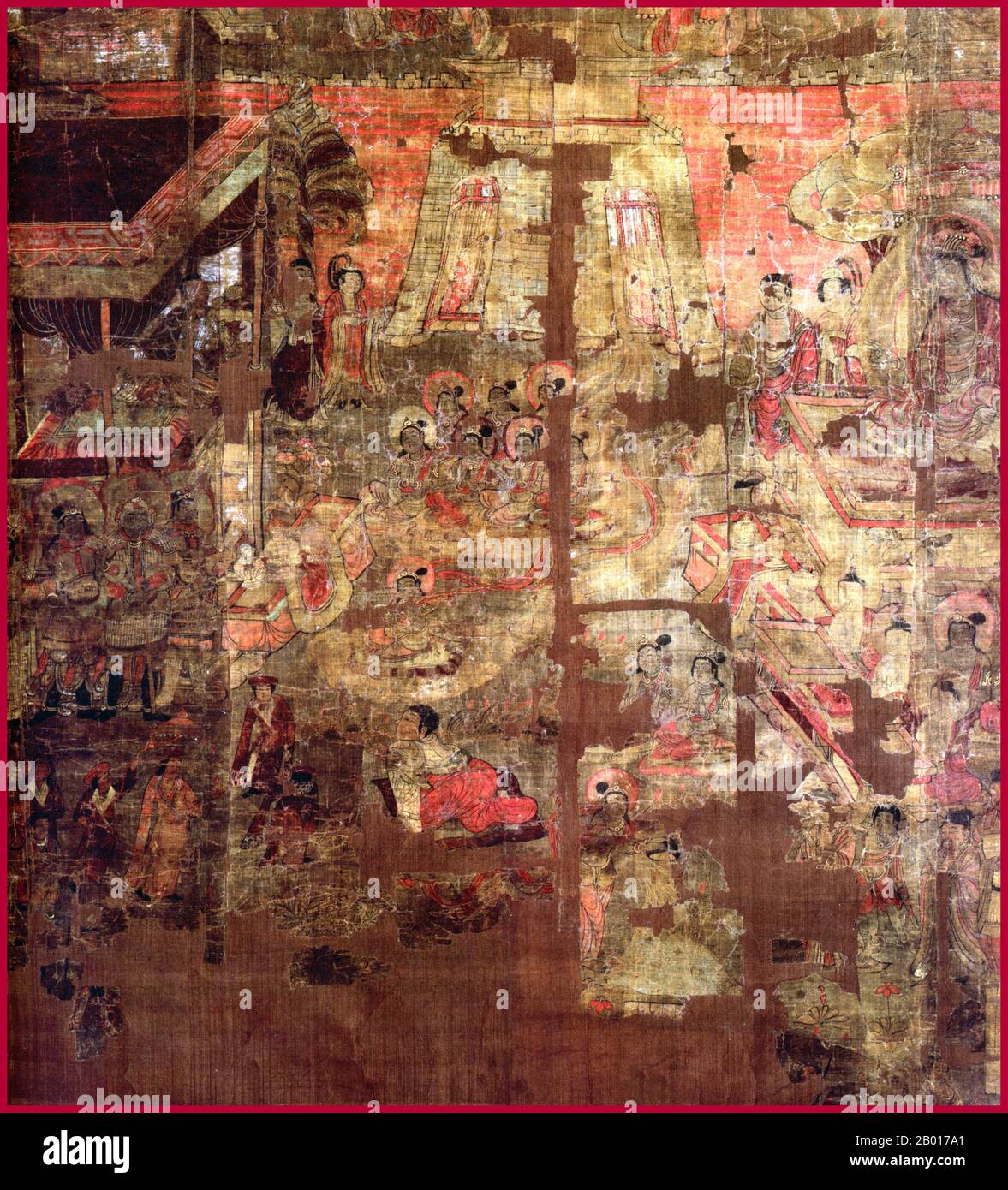 China: The Tibetan king of Dunhuang attending a debate between the Bodhisattva Manjusri and the layman Vimalakirti. Hanging scroll painting, Mogao Caves, Dunhuang, 8th century.  The Vimalakīrti Sutra is a Mahayana Buddhist sutra. Among other subjects, the sutra teaches the meaning of nonduality. An important aspect of this scripture is that it contains a report of a teaching addressed to both arhats and bodhisattvas by the layman Vimalakīrti, who expounds the doctrine of Sunyata, or emptiness, to them. This culminates with the wordless teaching of silence. Stock Photo