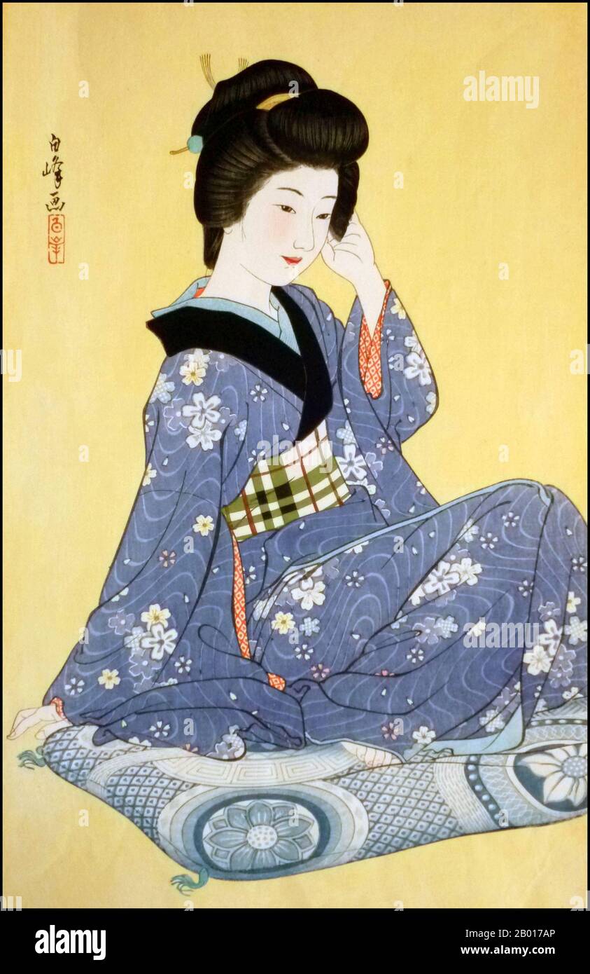 Japan: 'Young Girl'. Ukiyo-e woodblock print by Hirano Hakuho (1879-1957), 1932.  Hirano Hakuho was an artist of the Shin Hanga movement. Shin hanga ('new prints') was an art movement in early 20th-century Japan, during the Taishō and Shōwa periods, that revitalized traditional ukiyo-e art rooted in the Edo and Meiji periods (17th-19th century). The movement flourished from around 1915 to 1942, though it resumed briefly from 1946 through the 1950s. Inspired by European Impressionism, the artists incorporated Western elements such as the effects of light and the expression of individual moods. Stock Photo