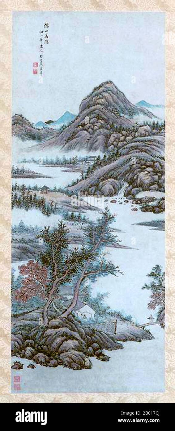China: 'A Hermit in the Mountains'. Hanging scroll painting by Zhu Henian (1760-1834), c. 1775-1834.  This landscape was originally painted on a silk scroll in the late 18th or early 19th century. Zhu Henian was clearly a great admirer of 14th-century painter Huang Gongwang and imitated his simplistic but soothing style. Stock Photo
