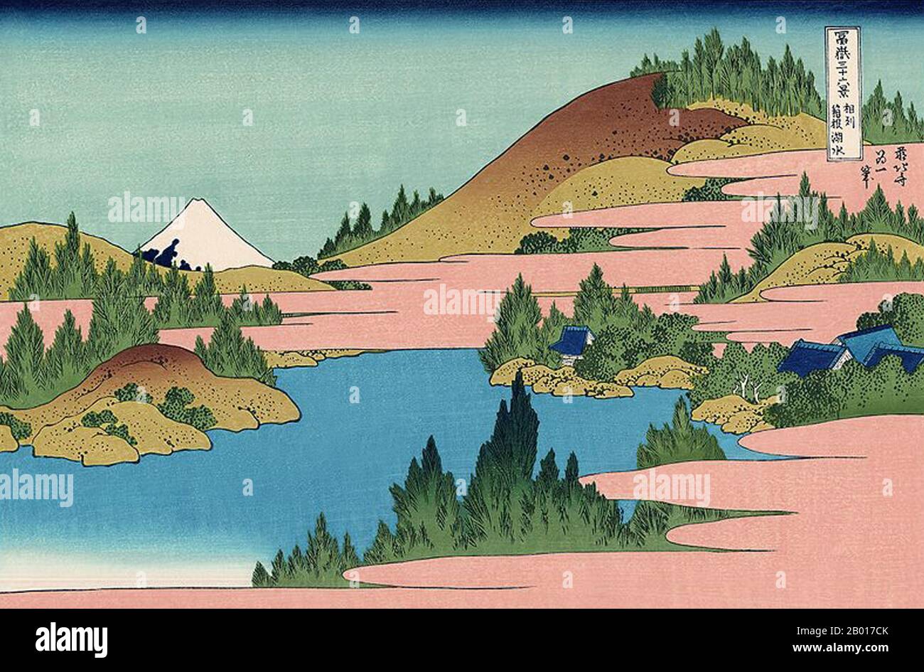 Japan: ‘Hakone Lake in Sagami Province'. Ukiyo-e woodblock print from the series ‘Thirty-Six Views of Mount Fuji’ by Katsushika Hokusai (31 October 1760 - 10 May 1849), 1830.  ‘Thirty-six Views of Mount Fuji’ is an ‘ukiyo-e’ series of woodcut prints by Japanese artist Katsushika Hokusai. The series depicts Mount Fuji in differing seasons and weather conditions from a variety of places and distances. It actually consists of 46 prints created between 1826 and 1833. The first 36 were included in the original publication and, due to their popularity, 10 more were added. Stock Photo