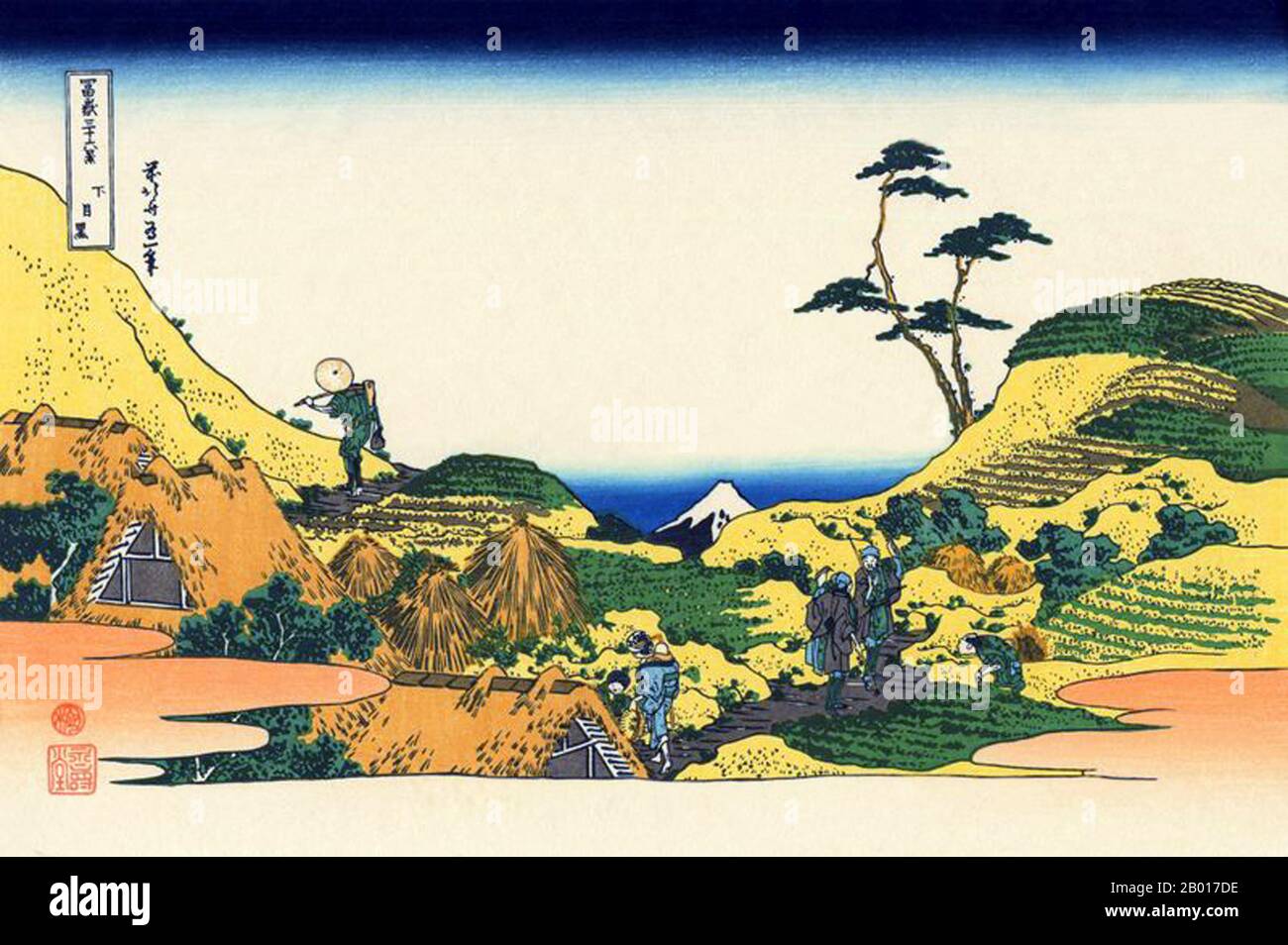 Japan: ‘Shimomeguro (Lower Meguro)’. Ukiyo-e woodblock print from the series ‘Thirty-Six Views of Mount Fuji’ by Katsushika Hokusai (31 October 1760 - 10 May 1849), 1830.  ‘Thirty-six Views of Mount Fuji’ is an ‘ukiyo-e’ series of woodcut prints by Japanese artist Katsushika Hokusai. The series depicts Mount Fuji in differing seasons and weather conditions from a variety of places and distances. It actually consists of 46 prints created between 1826 and 1833. The first 36 were included in the original publication and, due to their popularity, 10 more were added after the original publication. Stock Photo