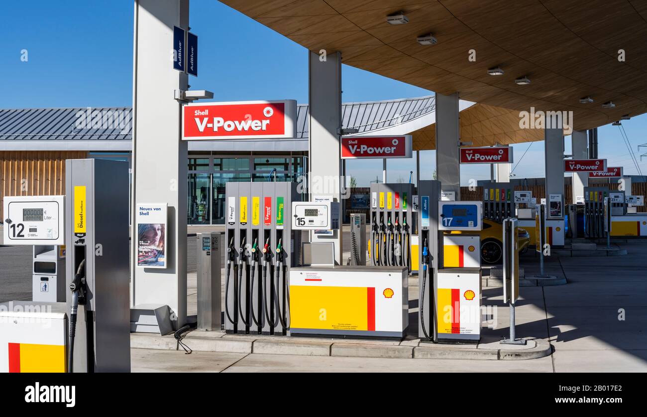 Bavaria, Germany - April 21, 2019: Modern architecturally Shell petrol station at the highway in Germany. Stock Photo