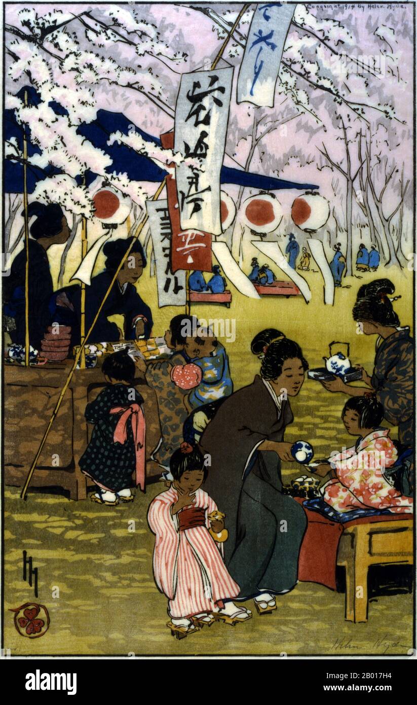 Japan: 'Blossom Time in Tokyo'. Woodblock print by Helen Hyde (6 April 1868 - 13 May 1919), 1914.  Helen Hyde was an American etcher and engraver. She is best known for her colour etching process and woodblock prints reflecting Japanese women and children characterisations. Born in Lima, New York, she began studying art at a young age, and developed her skills with other artists in Berlin and Paris, where she was introduced to the Japonism movement. Japanese attributes would become very influential in her work, and Hyde moved briefly to Japan in 1899. She eventually returned to the US in 1914. Stock Photo