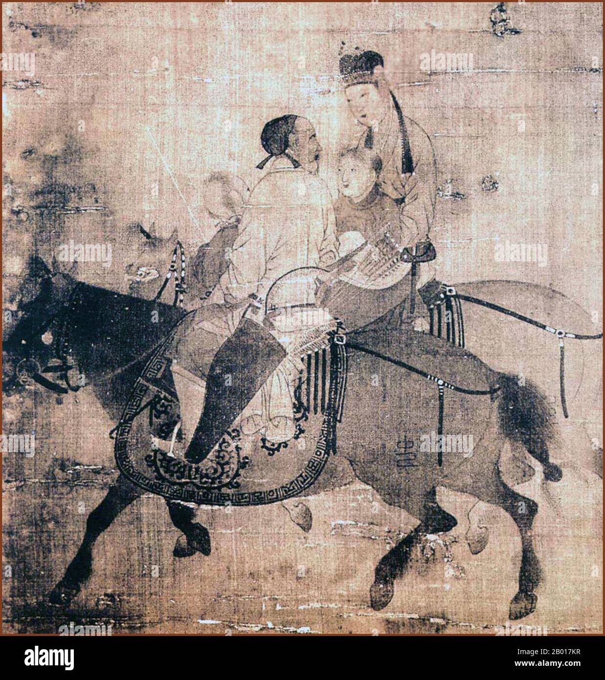 China: 'Cai Wenji Returns to Her Homeland'. Anonymous painting of Cai Wenji and her Xiongnu husband Liu Bao, Southern Song Dynasty (1127-1279).  Cai Wenji was born shortly before 178 CE in what is now Qi County, Kaifeng, Henan. In 195, the chaos after Chancellor Dong Zhuo's death brought Xiongnu nomads into the Chinese capital and Cai Wenji was taken captive to the northern lands. During her captivity, she became the wife of the Xiongnu chieftain Liu Bao and bore him two sons. It was not until twelve years later that Cao Cao, the new Chancellor of Han, ransomed her in her father's name. Stock Photo