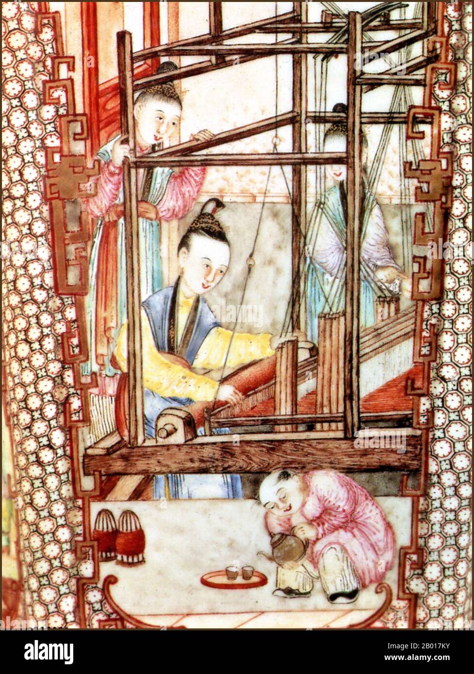 China: Ming Dynasty ceramic painting of silk-weavers at work, 15th century.  Three female silk-weavers at work while a servant pours cups of tea. Detail from a Ming ceramic vase. Stock Photo