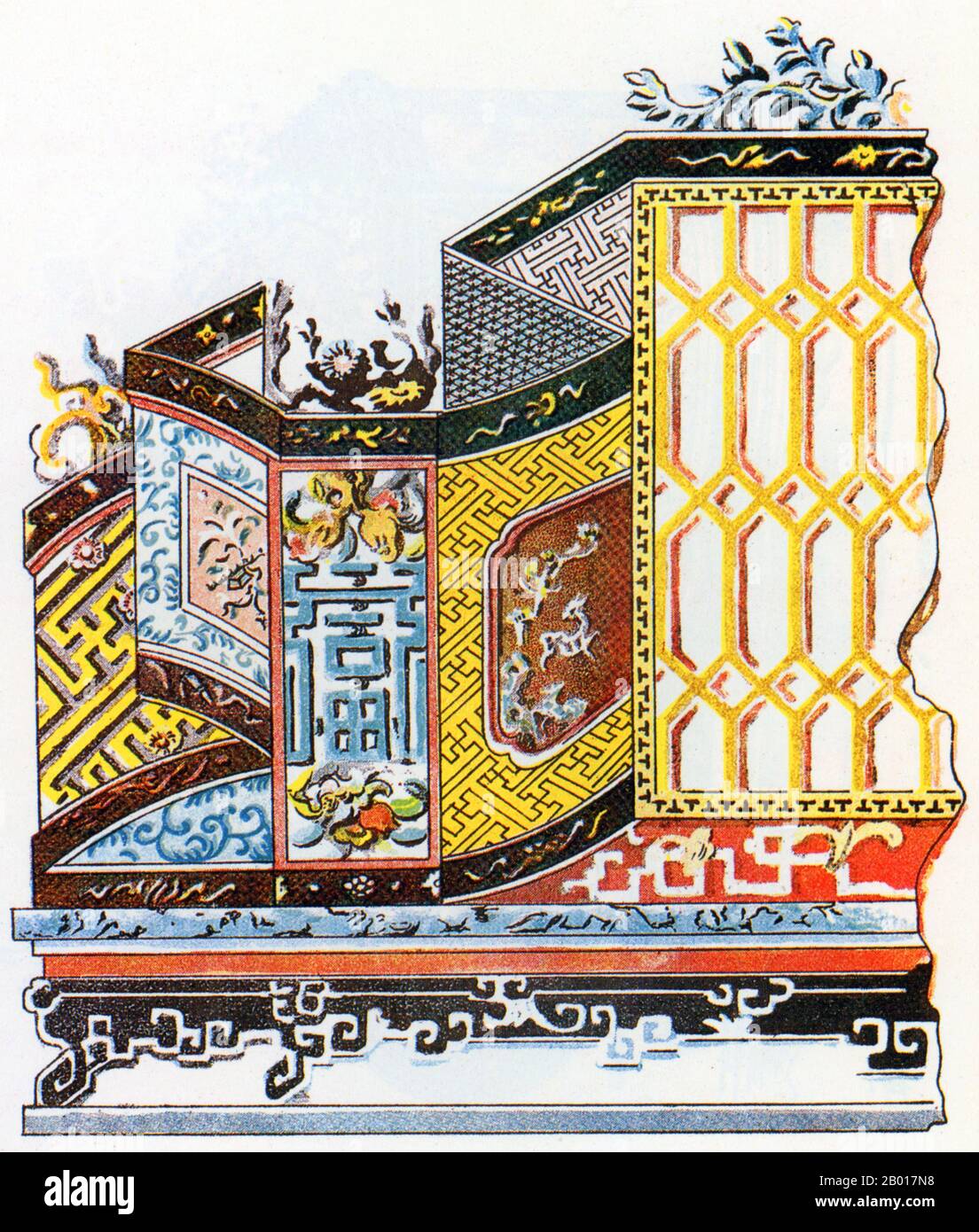 Vietnam: Decorative screen at the Palace of Co-Mat, Forbidden City, Hue, c. 1930.  Architectural drawing of art features in the Forbidden City at Huế, the imperial capital of Vietnam under the Nguyen Dynasty (1802-1945). The drawing was made for the Association des Amis du Vieux Hue (Association of the Friends of Old Hue) in the 1920s, before the disasters of 1947 and 1968. Today, less than a third of the structures inside the citadel remain.  In 1947 the French army shelled the building, and removed or destroyed nearly all the treasures it contained. Stock Photo
