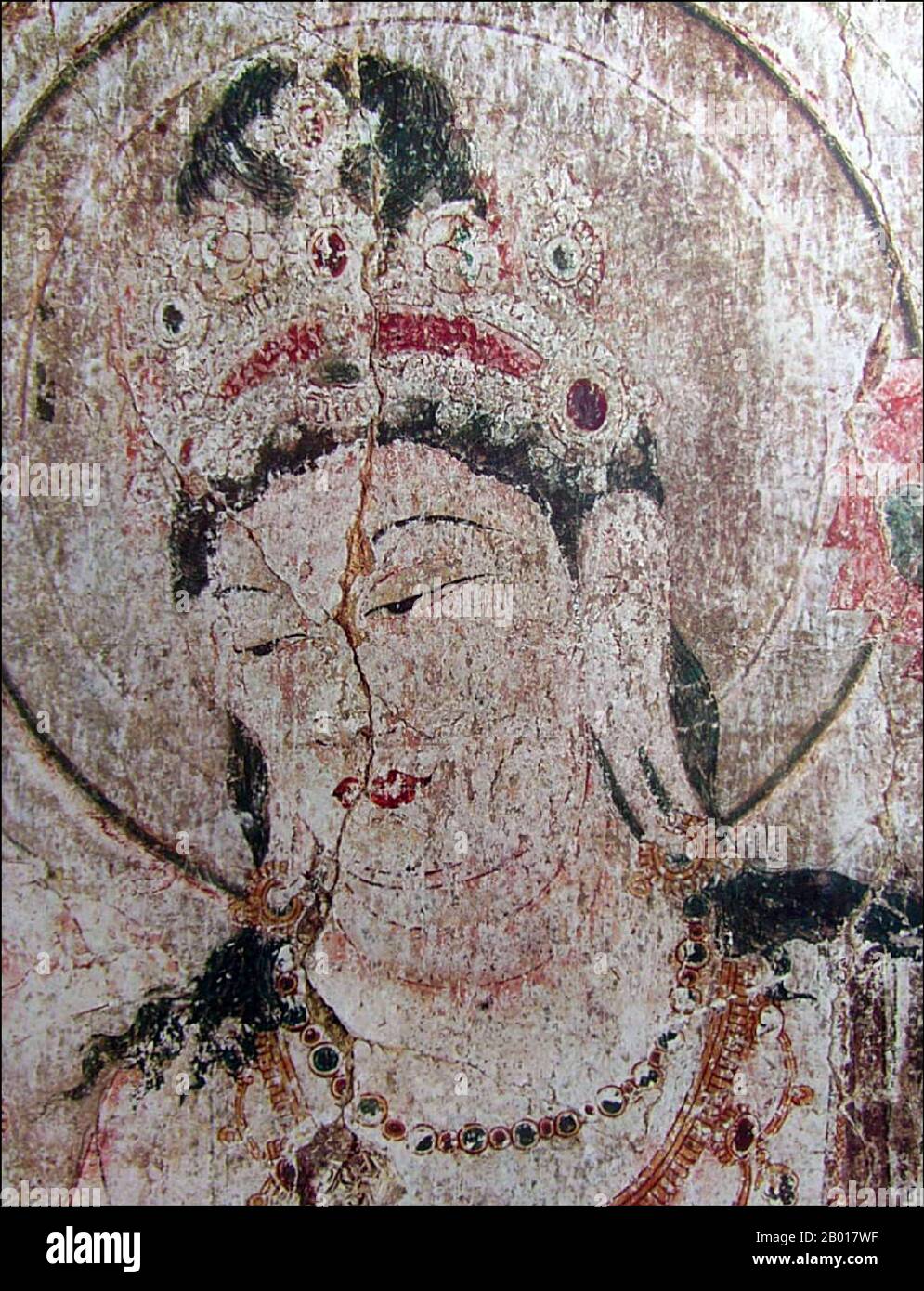 Japan: Lost Horyuji Temple fresco from a pre-1949 photograph: No.2 wall, Bodhisattva, detail of head.  Hōryū-ji (Temple of the Flourishing Law) is a Buddhist temple in Ikaruga, Nara Prefecture, Japan. Its full name is Hōryū Gakumonji, or Learning Temple of the Flourishing Law, the complex serving both as a seminary and a monastery.  In 1993, Hōryū-ji was inscribed as a UNESCO World Heritage Site under the name Buddhist Monuments in the Hōryū-ji Area. The Japanese government lists several of its structures, sculptures and artifacts as National Treasures. Stock Photo