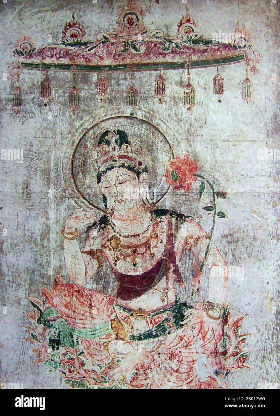 Japan: Lost Horyuji Temple fresco from a pre-1949 photograph: No.2 wall, Bodhisattva, detail.  Hōryū-ji (Temple of the Flourishing Law) is a Buddhist temple in Ikaruga, Nara Prefecture, Japan. Its full name is Hōryū Gakumonji, or Learning Temple of the Flourishing Law, the complex serving both as a seminary and a monastery.  In 1993, Hōryū-ji was inscribed as a UNESCO World Heritage Site under the name Buddhist Monuments in the Hōryū-ji Area. The Japanese government lists several of its structures, sculptures and artifacts as National Treasures. Stock Photo