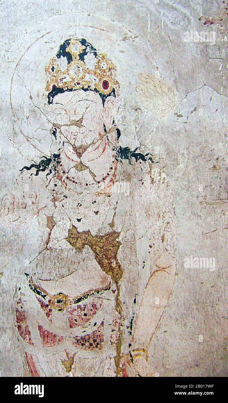 Japan: Lost Horyuji Temple fresco from a pre-1949 photograph: No.4 wall, Bodhisattva, detail.  Hōryū-ji (Temple of the Flourishing Law) is a Buddhist temple in Ikaruga, Nara Prefecture, Japan. Its full name is Hōryū Gakumonji, or Learning Temple of the Flourishing Law, the complex serving both as a seminary and a monastery.  In 1993, Hōryū-ji was inscribed as a UNESCO World Heritage Site under the name Buddhist Monuments in the Hōryū-ji Area. The Japanese government lists several of its structures, sculptures and artifacts as National Treasures. Stock Photo