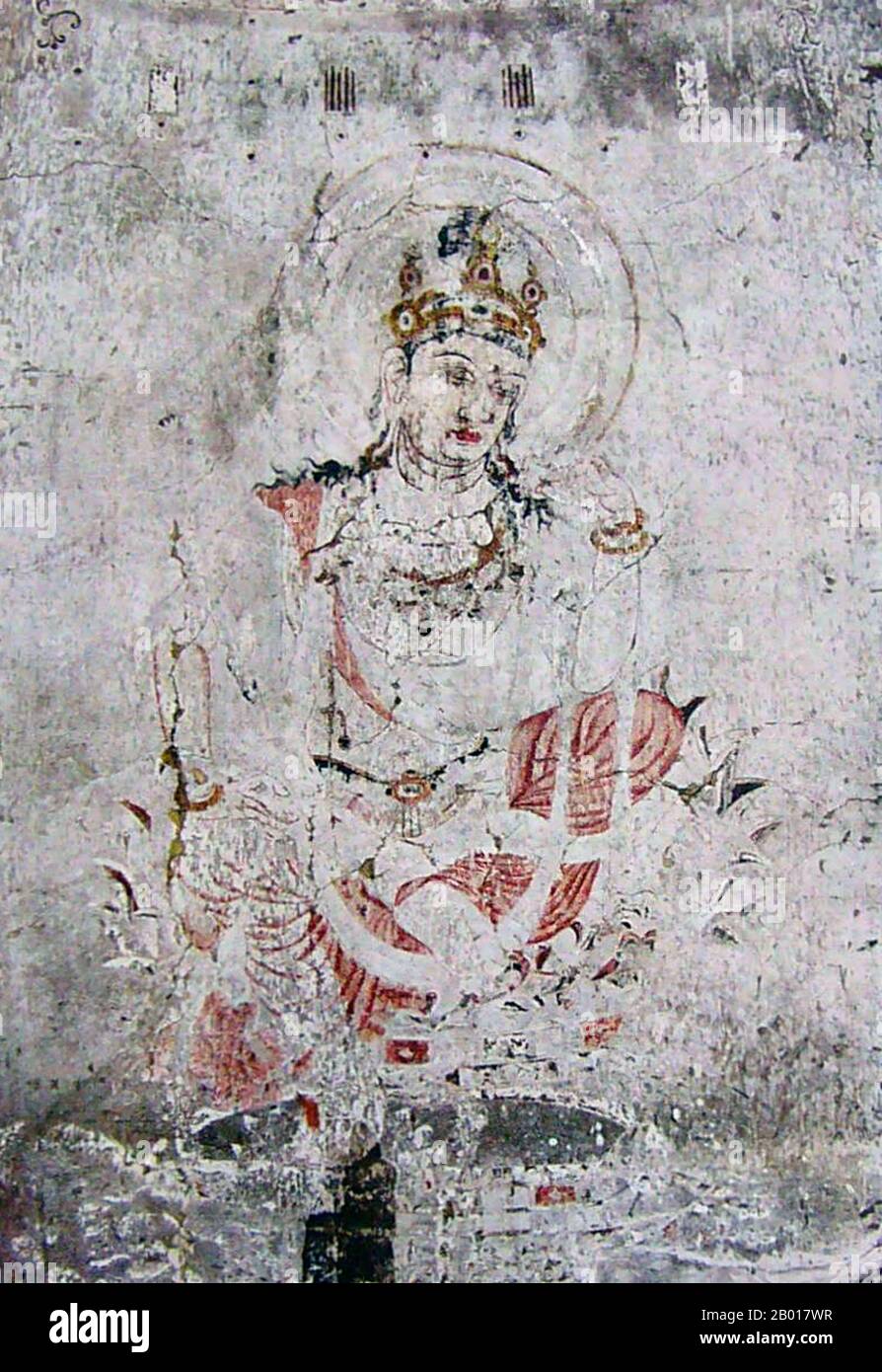 Japan: Lost Horyuji Temple fresco from a pre-1949 photograph: No.5 wall, Bodhisattva, detail.  Hōryū-ji (Temple of the Flourishing Law) is a Buddhist temple in Ikaruga, Nara Prefecture, Japan. Its full name is Hōryū Gakumonji, or Learning Temple of the Flourishing Law, the complex serving both as a seminary and a monastery.  In 1993, Hōryū-ji was inscribed as a UNESCO World Heritage Site under the name Buddhist Monuments in the Hōryū-ji Area. The Japanese government lists several of its structures, sculptures and artifacts as National Treasures. Stock Photo