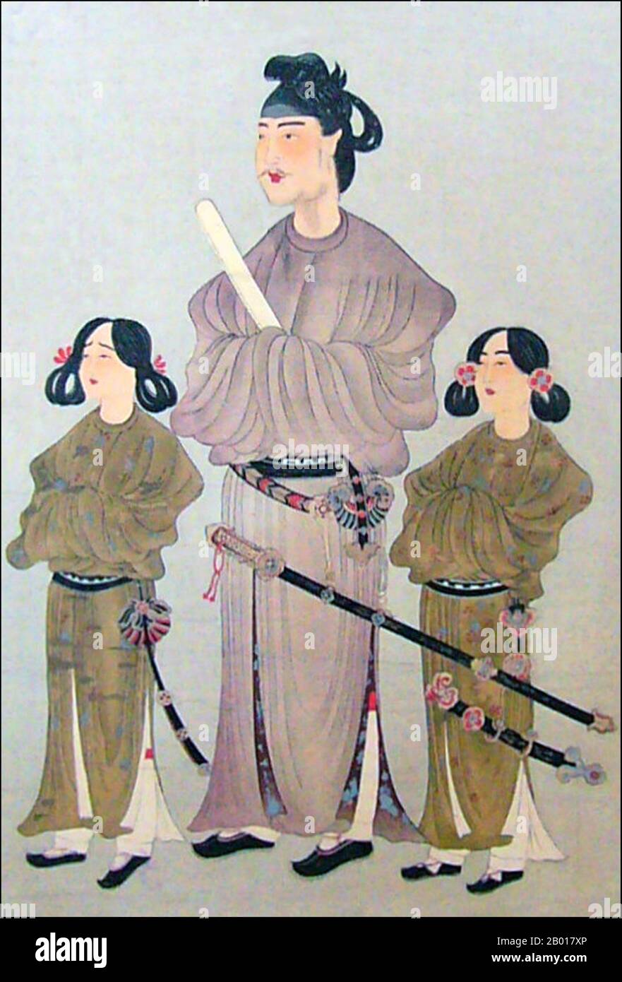 Japan: Prince Shotoku (7 February 574 - 8 April 622) flanked by his younger brother (left: Prince Eguri) and first son (right: Prince Yamashiro). Hanging scroll painting, c. 8th century.  Prince Shotoku, also known as Prince Umayado, was a regent and a politician of the Asuka period. The son of Emperor Yomei, he was a member of the ruling Soga clan. Shotoku was appointed as regent (Sessho) in 593 by Empress Suiko, his aunt.  Shotoku, inspired by Buddhist teachings, succeeded in establishing a centralised government during his reign. He heavily promoted Buddhism with a national project. Stock Photo