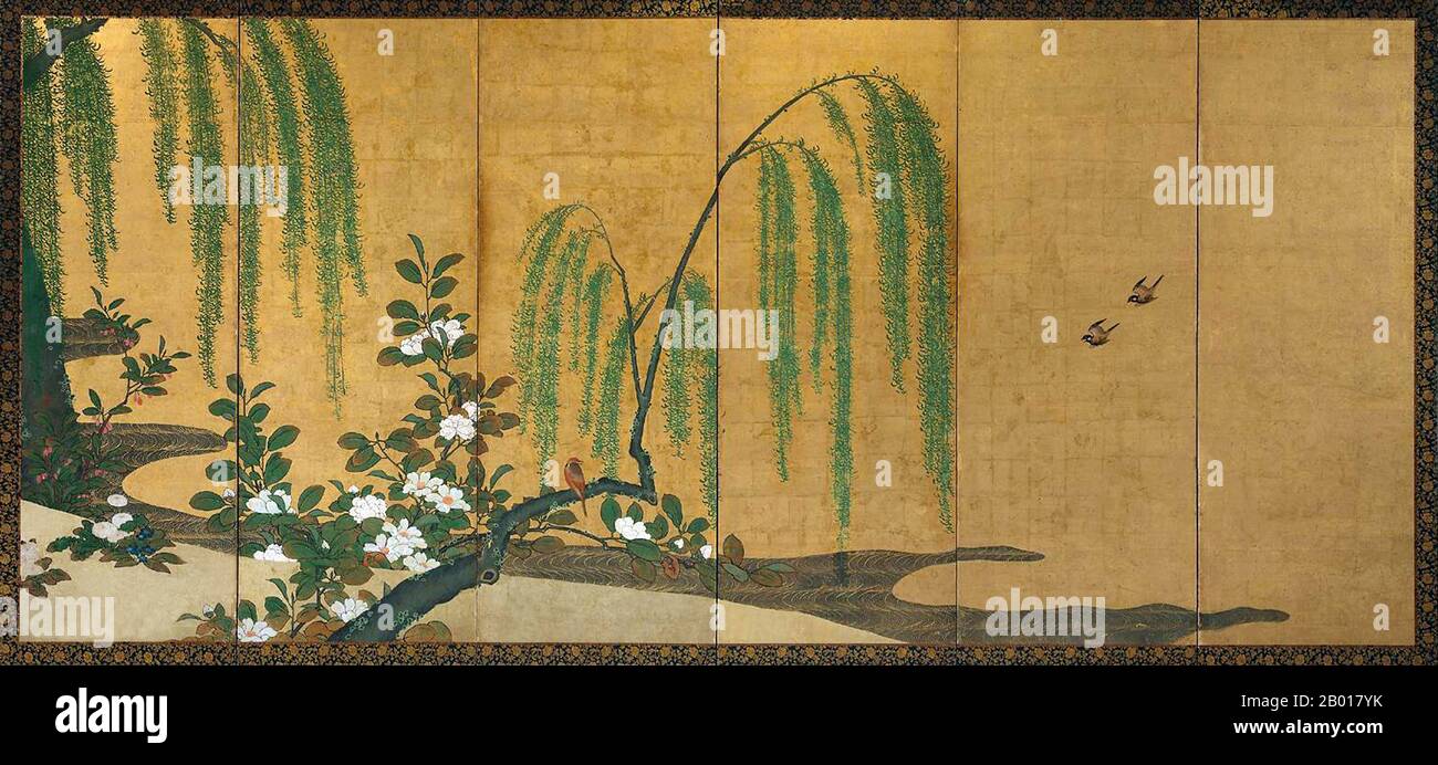 Japan: ‘Spring’. Watercolour byobu folding screen painting by an unknown Japanese artist, c. 1630-1660.  One half of a pair—the other screen being called ‘Winter’—this tender springtime scene features birds and blooming camellias and green willows.  The unknown artist—who is clearly from the school of Unkoku Togan (1547-1618)—has used watercolour and gilded paper pulled across a wooden frame to create the screen.  Adopted from the Chinese in the 7th and 8th centuries CE, screens such as this are used in Japan to separate space within a house and are an integral part of Japanese decor. Stock Photo