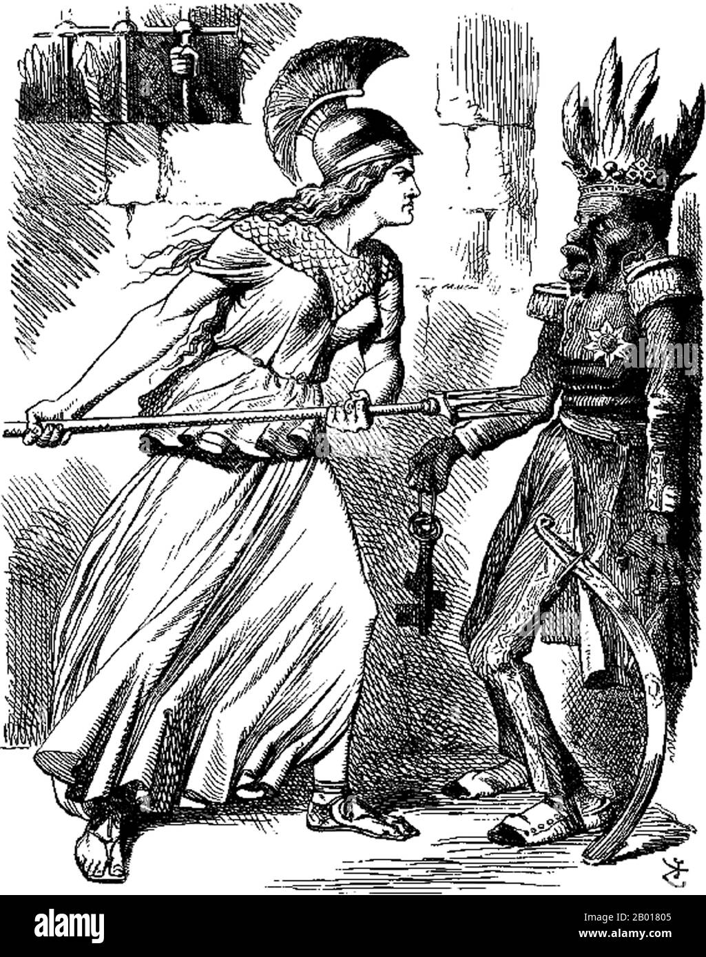 Ethiopia: Britannia asks Tewodros II 'Now then, King Theodore! How about those prisoners?' Cartoon in 'Punch' by John Tenniel (28 February 1820 - 26 February 1914), 1867.  The British 1868 Expedition to Abyssinia was a punitive expedition carried out by armed forces of the British Empire against the Ethiopian Empire. Emperor Tewodros II of Ethiopia, also known as 'Theodore', imprisoned several missionaries and two representatives of the British government. The punitive expedition sailed from Bombay in upwards of 280 steam and sailing ships, carrying over 13,000 British and Indian soldiers. Stock Photo