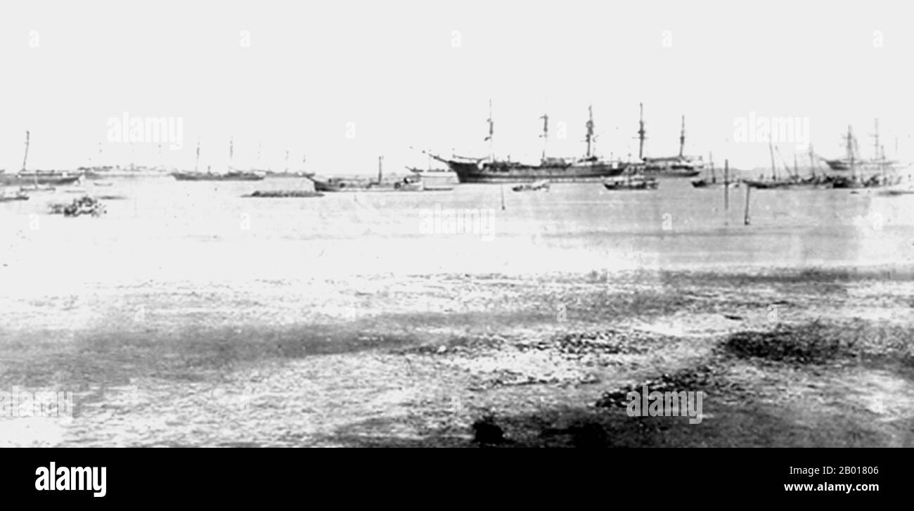 Ethiopia: British Naval ships at Annelsey Bay, Ethiopia, December 1867.  The British 1868 Expedition to Abyssinia was a punitive expedition carried out by armed forces of the British Empire against the Ethiopian Empire. Emperor Tewodros II of Ethiopia, also known as 'Theodore', imprisoned several missionaries and two representatives of the British government. The punitive expedition launched by the British in response required the transportation of a sizable military force hundreds of miles across mountainous terrain lacking any road system. Stock Photo