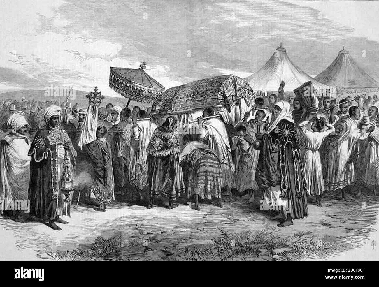 Ethiopia: 'Funeral of the Widow of King Theodore at Aikhullet'. Illustration, c. 1868.  The British 1868 Expedition to Abyssinia was a punitive expedition carried out by armed forces of the British Empire against the Ethiopian Empire. Emperor Tewodros II of Ethiopia, also known as 'Theodore', imprisoned several missionaries and two representatives of the British government. The punitive expedition launched by the British in response required the transportation of a sizable military force hundreds of miles across mountainous terrain lacking any road system. Stock Photo
