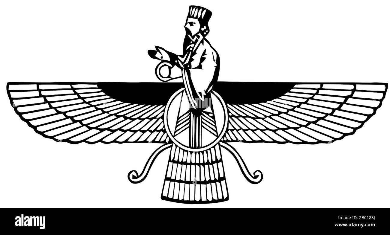 Iran: The Faravahar symbol used in Zoroastrianism in ancient Persia as well as parts of Iraq, India and Central Asia.  The Faravahar is one of the best-known symbols of Zoroastrianism, the state religion of ancient Iran. This religious-cultural symbol was adapted by the Pahlavi dynasty to represent the Iranian nation. The winged disc has a long history in the art and culture of the ancient Near and Middle East. Historically, the symbol is influenced by the 'winged sun' hieroglyph appearing on Bronze Age royal seals. In Neo-Assyrian times, a human bust is added to the disk. Stock Photo