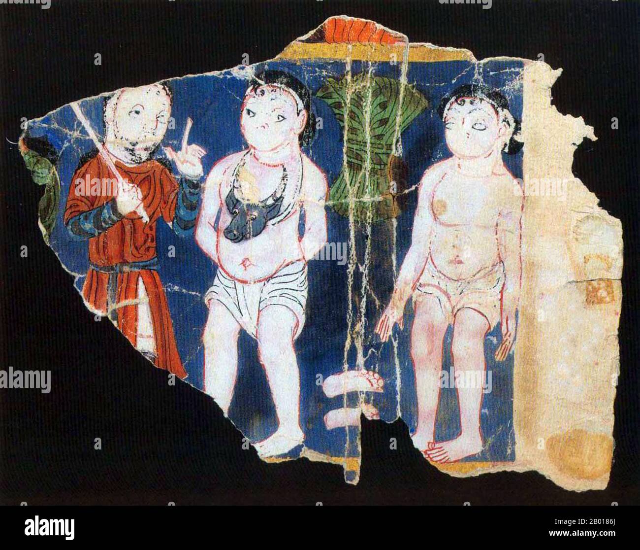China: 'God admonishing Adam and Eve'. Fragment of an illustrated Manichaean text, Xinjiang, c. 8th-9th century.  Manichaeism was one of the major Iranian Gnostic religions, originating in Sassanid Persia. Although most of the original writings of the founding prophet Mani (c. 216–276 CE) have been lost, numerous translations and fragmentary texts have survived.  Manichaeism taught an elaborate cosmology describing the struggle between a good, spiritual world of light, and an evil, material world of darkness. Stock Photo