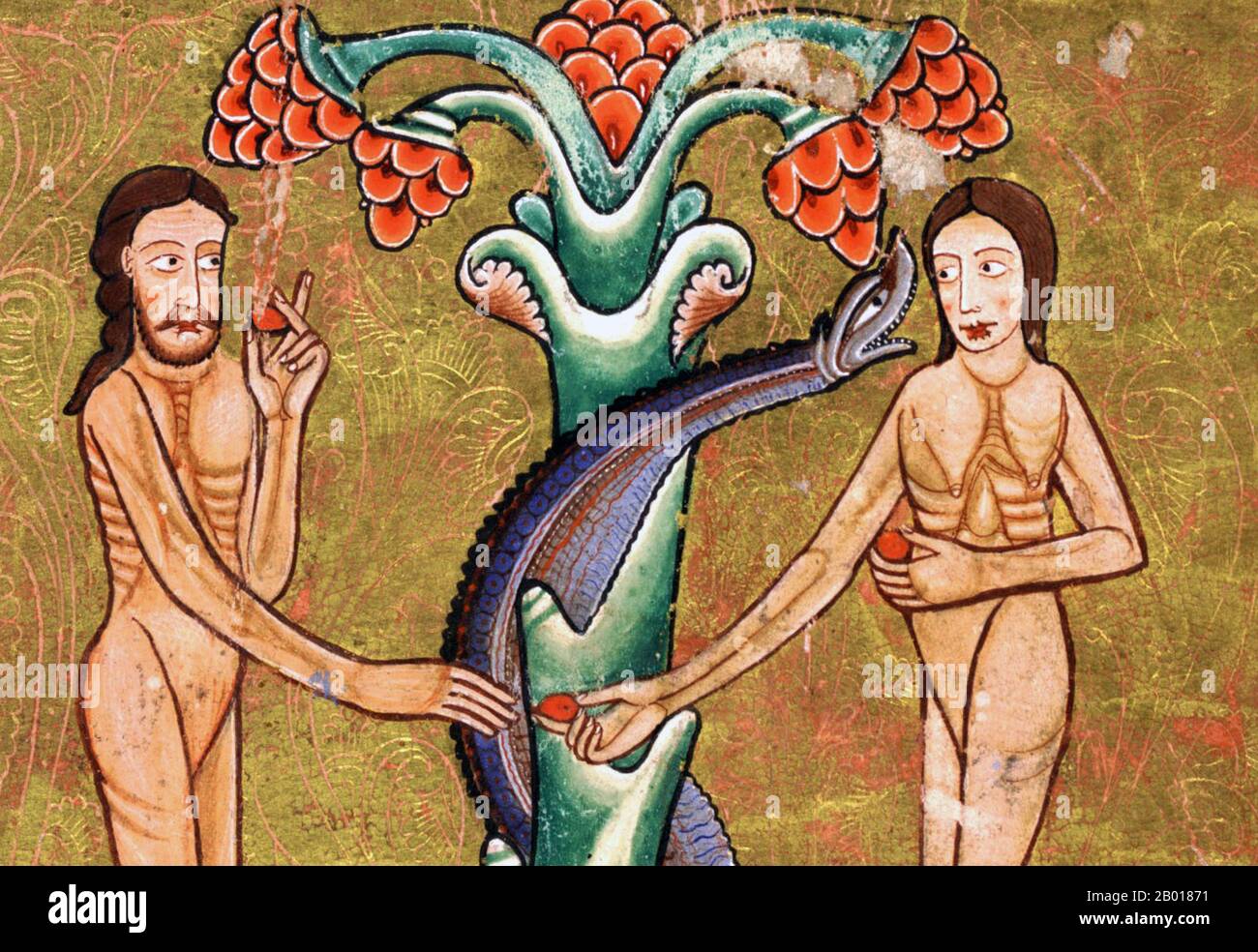 England: 'The Temptation of Adam and Eve in the Earthly Paradise'. Detail of illumination on parchment from the Hunterian Psalter, c. 1170.  The Hunterian Psalter (or York Psalter) is an illuminated manuscript of the 12th century. It was produced in England some time around 1170, and is considered a striking example of Romanesque book art. The work is part of the collection of the Glasgow University Library, which acquired the book in 1807. It derives its colloquial name, the 'Hunterian Psalter', from having been part of the collection of 18th century Scottish anatomist William Hunter. Stock Photo