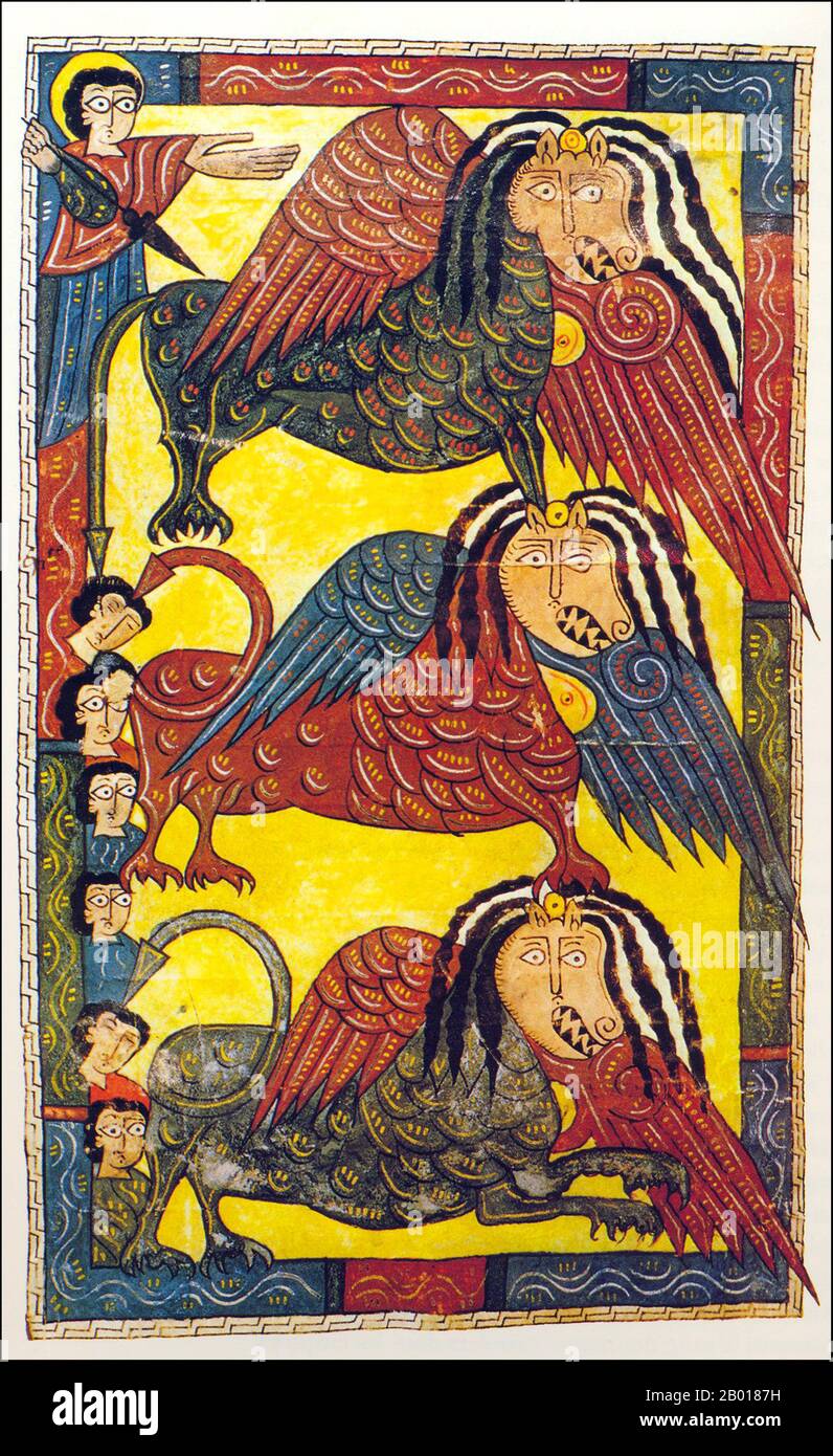 Spain: 'The Infernal Beasts emerge from the Abyss'. Illumination from the Escorial Beatus, possibly by Florentius (fl. 10th century), c. 950.  The Escorial Beatus is a 10th century illuminated manuscript of the Commentary on the Apocalypse by Beatus of Liébana (c. 730-800). The manuscript was probably created at the monastery at San Millán de la Cogolla. There are 151 extant folios; the manuscript is illustrated with 52 surviving miniatures.  The Apocalypse of John is the Book of Revelation, the last book of the New Testament. Stock Photo