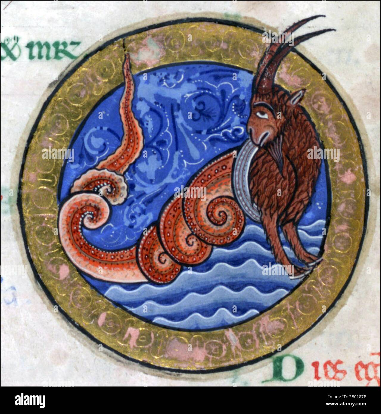 England: Zodiacal symbol for Capricorn as represented in the Hunterian Psalter, c. 1170.  The Hunterian Psalter (or York Psalter) is an illuminated manuscript of the 12th century. It was produced in England some time around 1170, and is considered a striking example of Romanesque book art. The work is part of the collection of the Glasgow University Library, which acquired the book in 1807. It derives its colloquial name, the 'Hunterian Psalter', from having been part of the collection of 18th century Scottish anatomist and book collector William Hunter. Stock Photo