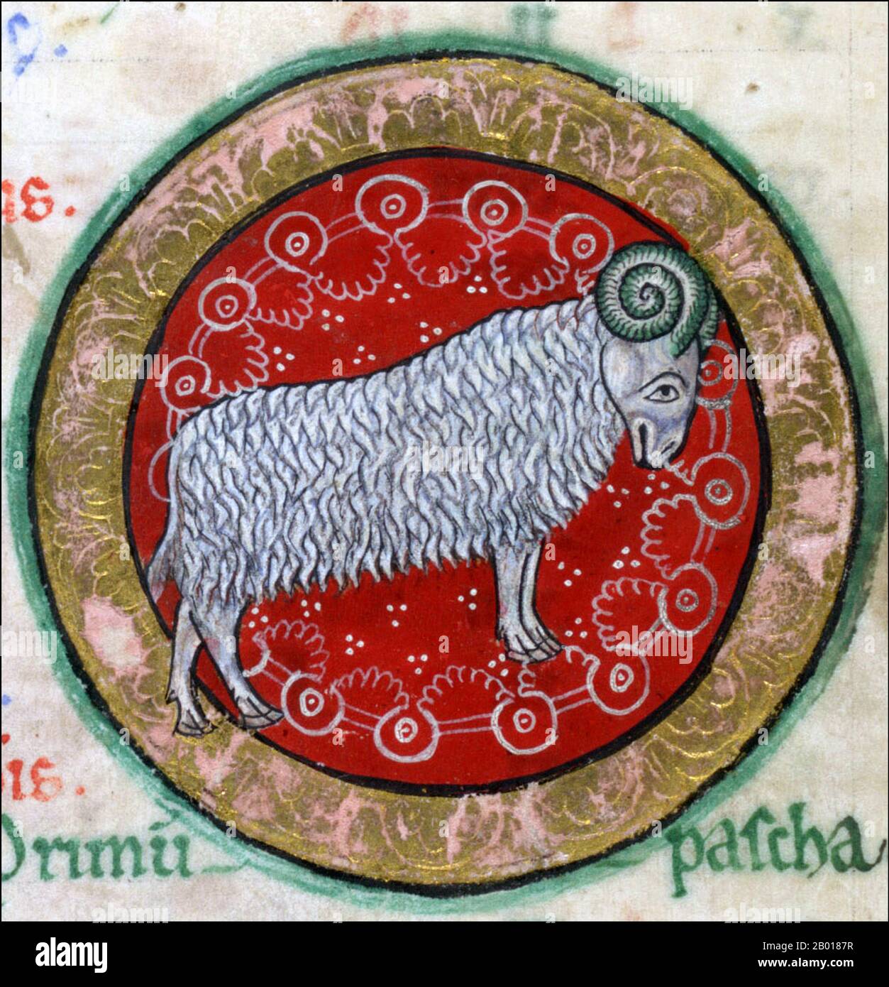 England: Zodiacal symbol for Aries as represented in the Hunterian Psalter, c. 1170.  The Hunterian Psalter (or York Psalter) is an illuminated manuscript of the 12th century. It was produced in England some time around 1170, and is considered a striking example of Romanesque book art. The work is part of the collection of the Glasgow University Library, which acquired the book in 1807. It derives its colloquial name, the 'Hunterian Psalter', from having been part of the collection of 18th century Scottish anatomist and book collector William Hunter. Stock Photo