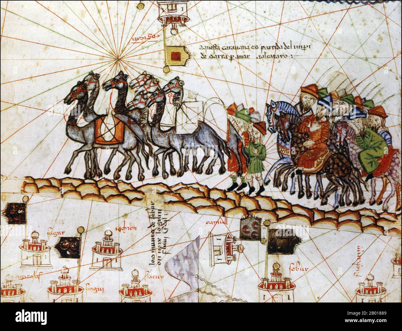 Spain: A caravan on the Silk Road as represented in the Catalan Atlas by Abraham Cresques (1325-1387), 1375.  The Catalan Atlas (1375) is the most important Catalan map of the medieval period. It was produced by the Majorcan cartographic school and is attributed to Cresques Abraham, a Jewish book illuminator who was self-described as being a master of the maps of the world as well as compasses. It has been in the royal library of France (now the Bibliothèque nationale de France) since the late 14th century. Stock Photo