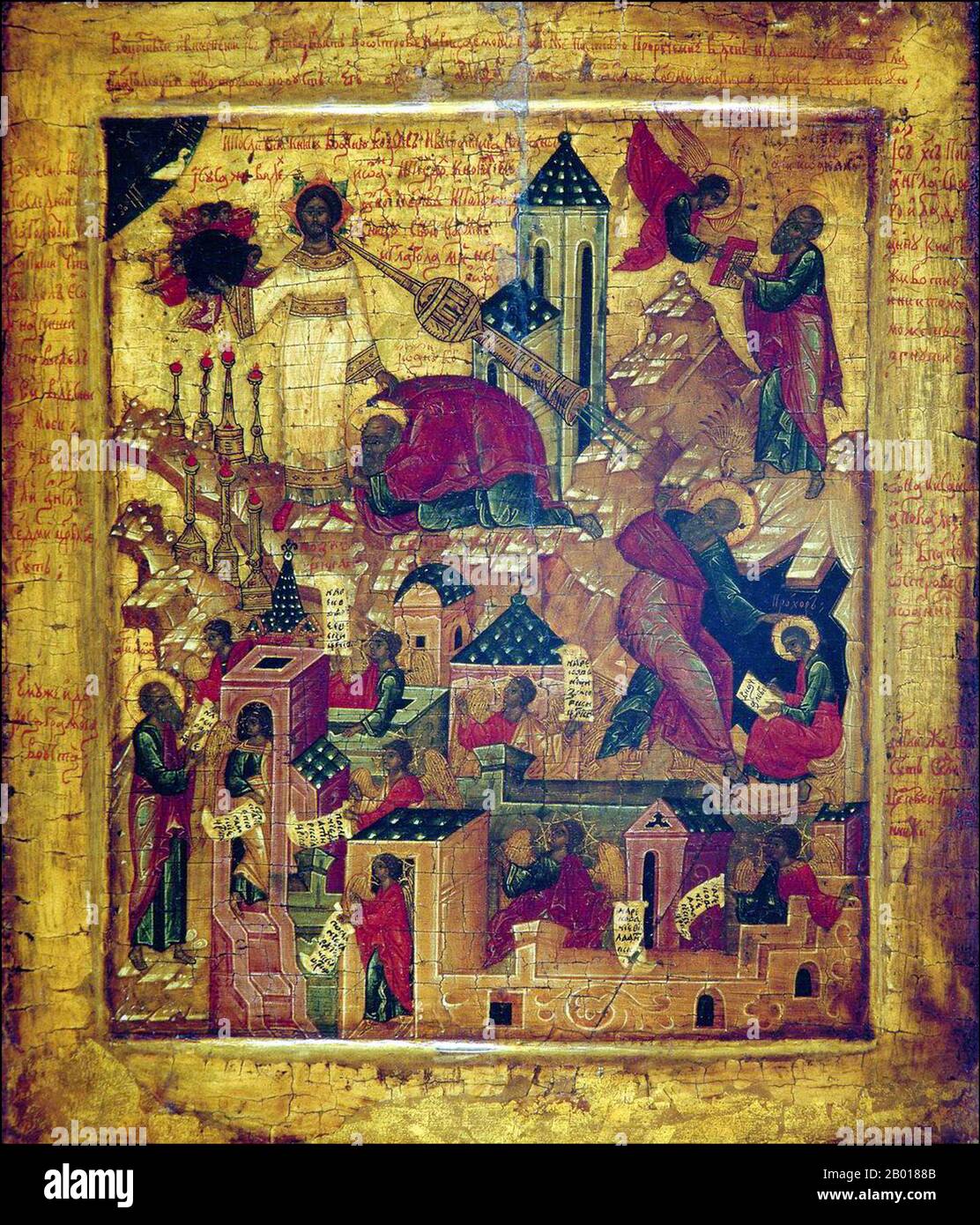 Russia: The Apocalypse as depicted in a Christian icon, early 16th century.  The Apocalypse of John is the last book of the New Testament. In John's apocalypse, the Book of Revelation, he refers to the 'unveiling' or revelation' of Jesus Christ as Messiah. This term has come to mean, in common usage, the end of the world. The simple pictures of the end of the age in the books of the Old Testament were images of the judgement of the wicked, as well as the resurrection and glorification of those who were given righteousness before God. Stock Photo