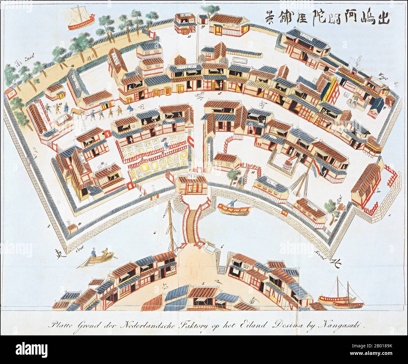 Japan: A map of the Dutch factory at Dejima Island, Nagasaki, c. 1824-1825.  Dejima (literally 'exit island'; Dutch: Desjima or Deshima, sometimes latinised as Decima or Dezima) was a small fan-shaped artificial island built in the bay of Nagasaki in 1634. This island, which was formed by digging a canal through a small peninsula, remained as the single place of direct trade and exchange between Japan and the outside world during the Edo period. Dejima was built to constrain foreign traders as part of the 'sakoku' self-imposed isolationist policy. Stock Photo
