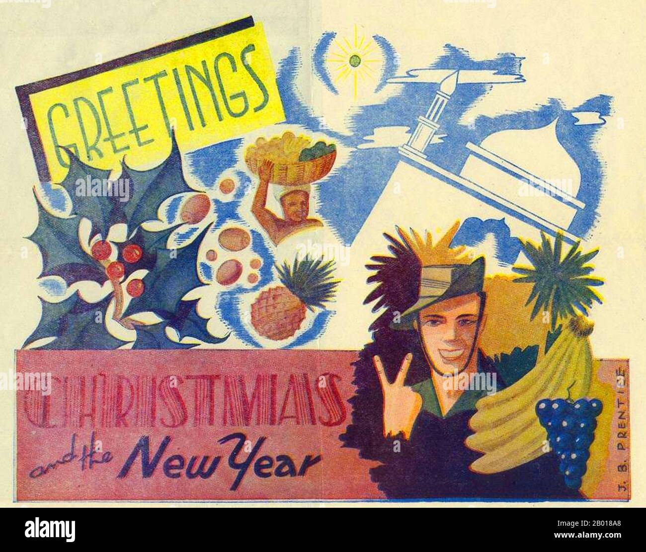 India: British Indian forces Christmas card - V for Victory in a tropical setting, c. 1941-1945.  China Burma India Theatre (CBI) was the name used by the United States Army for its forces operating in conjunction with British and Chinese Allied air and land forces in China, Burma, and India during World War II. Well-known US units in this theatre included the Flying Tigers, transport and bomber units flying the Hump, the 1st Air Commando Group, the engineers who built Ledo Road, and the 5307th Composite Unit (Provisional), otherwise known as Merrill's Marauders. Stock Photo