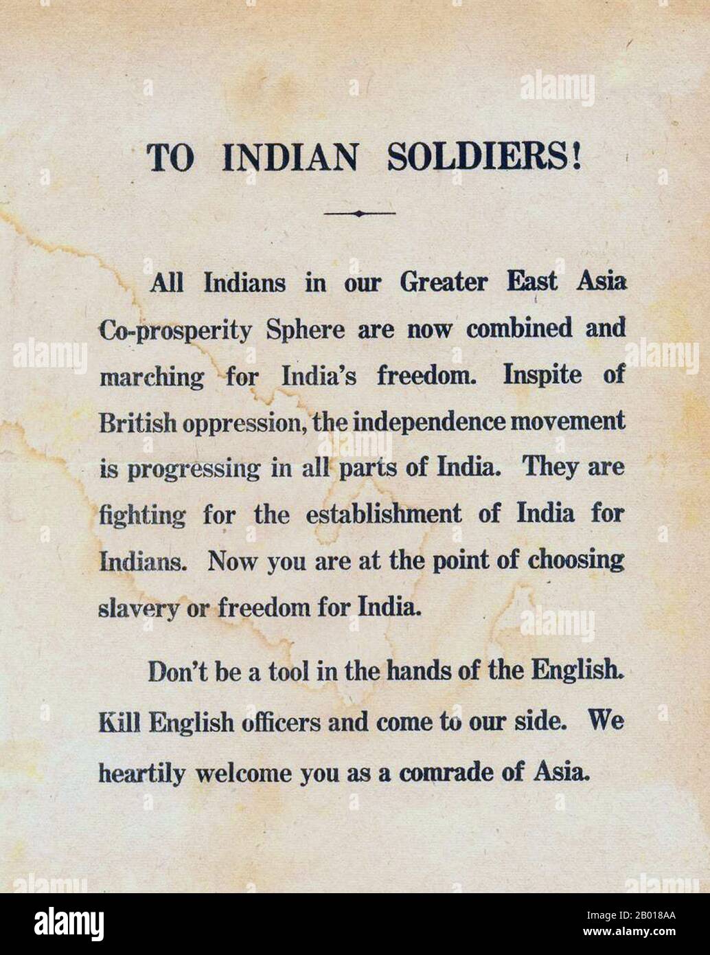 India: Indian Independence League war propaganda leaflet - 'Kill English officers and come to our side'. Such leaflets were dropped by Japanese aircraft and otherwise surreptitiously circulated, c. 1941-1944.  China Burma India Theatre (CBI) was the name used by the United States Army for its forces operating in conjunction with British and Chinese Allied air and land forces in China, Burma, and India during World War II. Well-known US units in this theatre included the Flying Tigers, transport and bomber units flying the Hump, and the 1st Air Commando Group, the engineers who built Ledo Road. Stock Photo