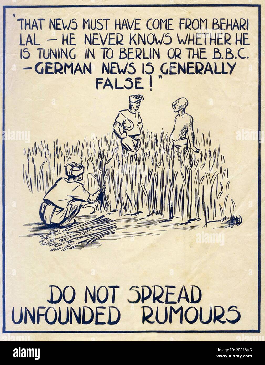 India: Indian peasantry seen through Oxbridge spectacles. British anti-Nazi propaganda poster, Bombay, c. 1941-1944.   China Burma India Theatre (CBI) was the name used by the United States Army for its forces operating in conjunction with British and Chinese Allied air and land forces in China, Burma, and India during World War II. Well-known US units in this theatre included the Flying Tigers, transport and bomber units flying the Hump, the 1st Air Commando Group, the engineers who built Ledo Road, and the 5307th Composite Unit (Provisional), otherwise known as Merrill's Marauders. Stock Photo