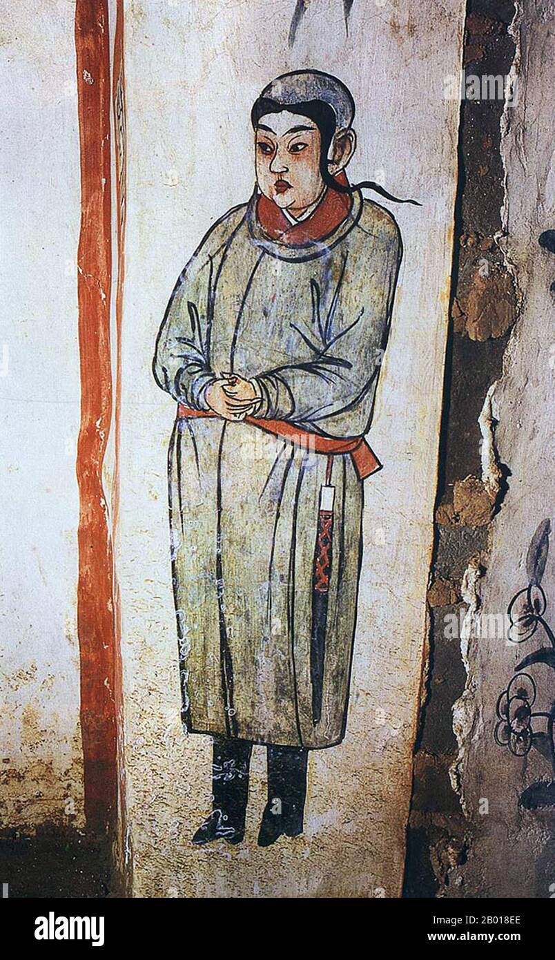 China: Door Guardian of Khitan nationality. Mural in the tomb of Zhang Wenzao, Xuanhua, Hebei, Liao Dynasty (1093-1117).  The Liao Dynasty, also known as the Khitan Empire, was a state that ruled over the regions of Manchuria, Mongolia, and parts of northern China proper. It was founded by the Yelü clan of the Khitan people in the same year as the Tang Dynasty collapsed (907), even though its first ruler, Yelü Abaoji (Yaruud Ambagai Khan), did not declare an era name until 916. Stock Photo