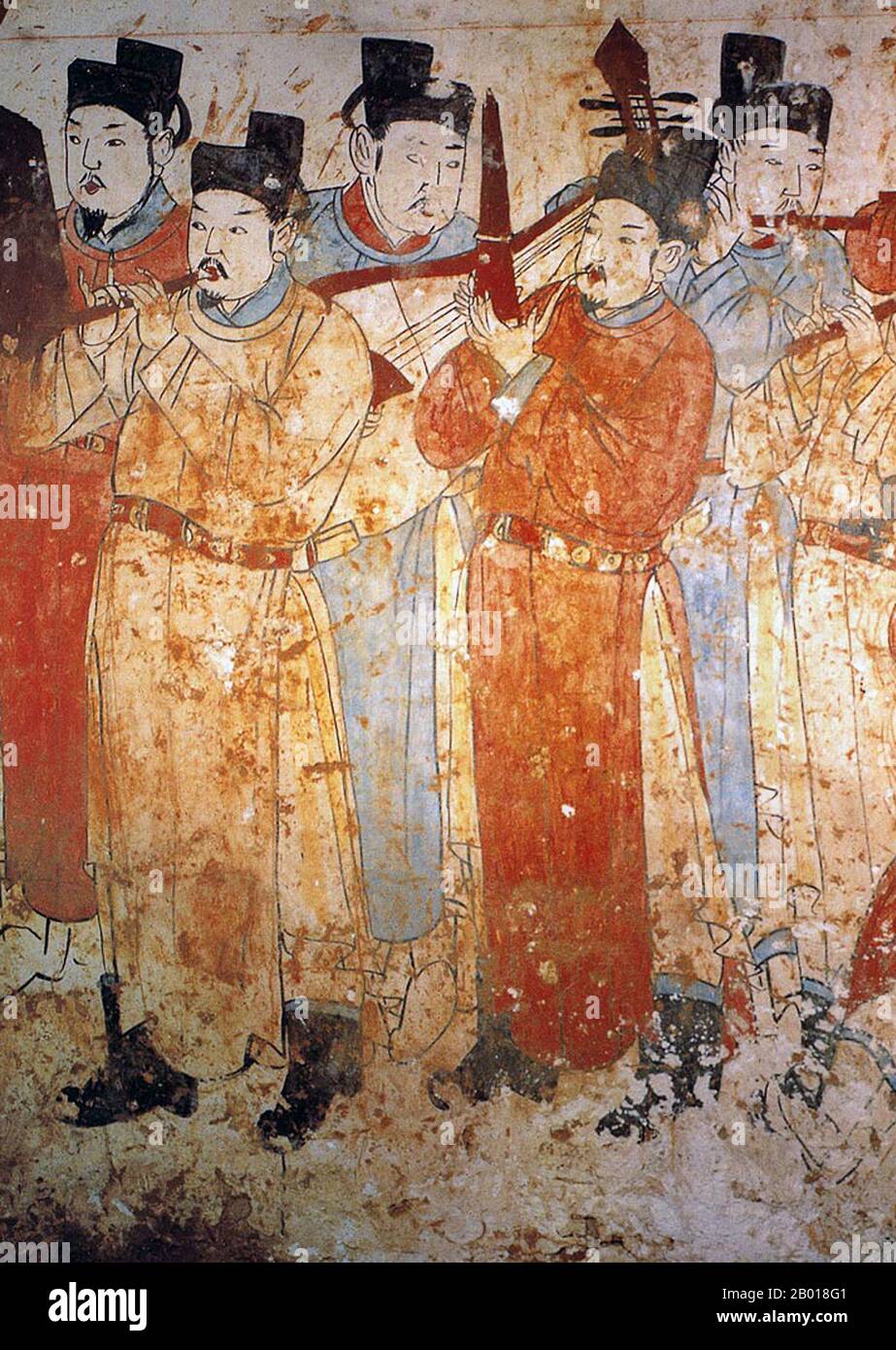 China: Musicians in a mural in the tomb of Zhang Shiqing, Xuanhua, Hebei, Liao Dynasty (1093-1117).  The Liao Dynasty, also known as the Khitan Empire, was a state that ruled over the regions of Manchuria, Mongolia, and parts of northern China proper. It was founded by the Yelü clan of the Khitan people in the same year as the Tang Dynasty collapsed (907), even though its first ruler, Yelü Abaoji (Yaruud Ambagai Khan), did not declare an era name until 916. The name 'Liao' (formally 'Great Liao') was not officially adopted until 947, under Emperor Yelü Ruan. Stock Photo