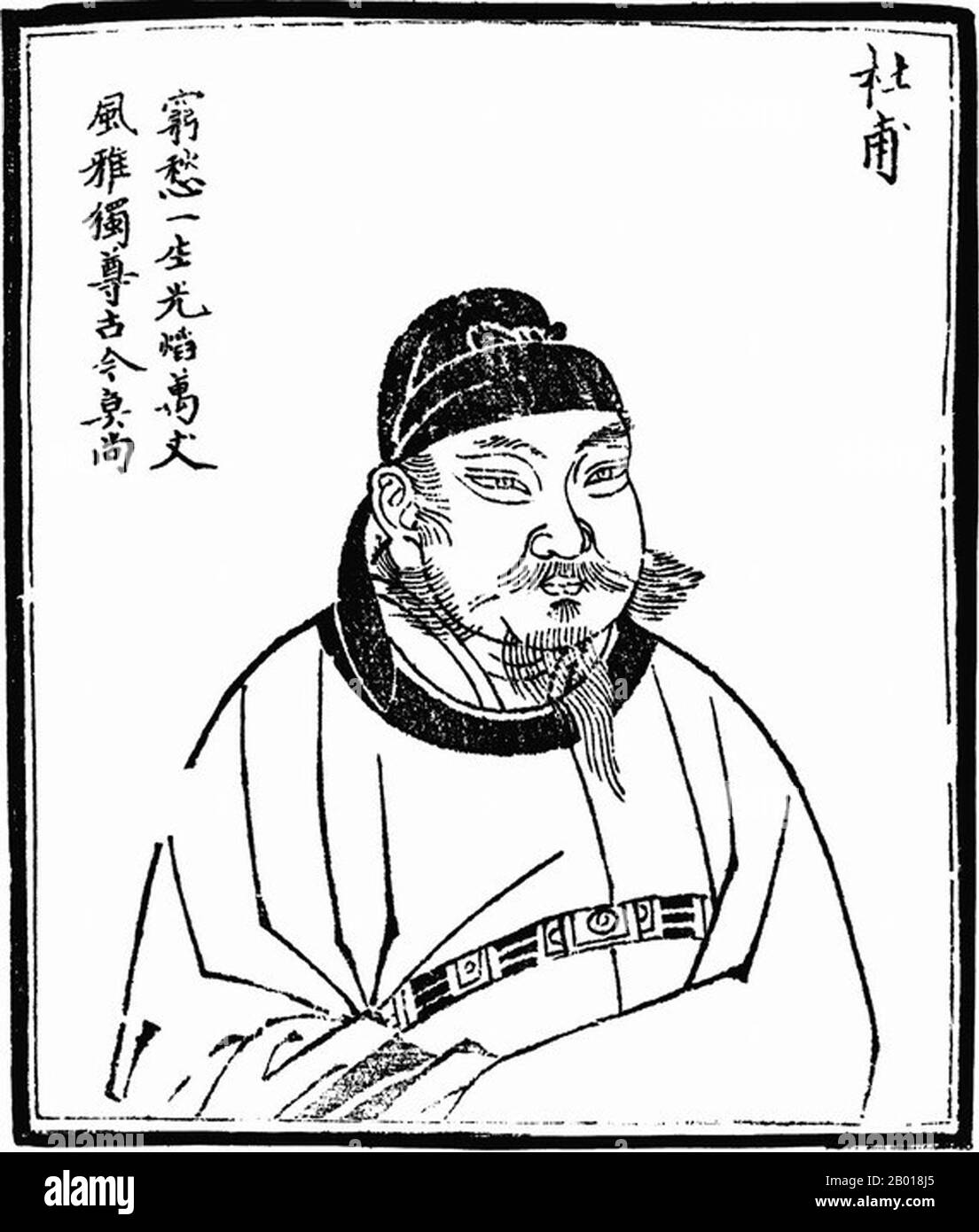 China: Du Fu (Tu Fu, 712-770), celebrated Tang Dynasty poet and historian. Woodblock print from 'Images of Ancient People in History', c. 1498.  Du Fu was a prominent Chinese poet of the Tang Dynasty. Along with Li Bai (Li Bo), he is frequently called the greatest of the Chinese poets. His greatest ambition was to serve his country as a successful civil servant, but he proved unable to make the necessary accommodations. His life, like the whole country, was devastated by the An Lushan Rebellion of 755, and his last 15 years were a time of almost constant unrest. Stock Photo
