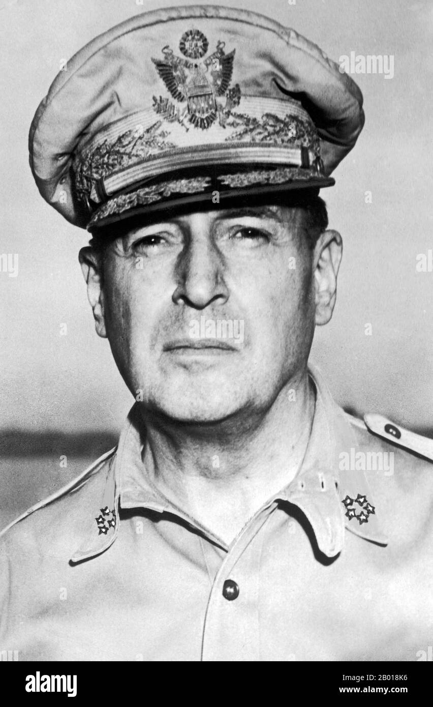 USA: General Douglas MacArthur (26 January 1880 - 5 April 1964), 31st August 1945.  General of the Army Douglas MacArthur was an American general and field marshal of the Philippine Army. He was a Chief of Staff of the United States Army during the 1930s and played a prominent role in the Pacific theatre during World War II. He received the Medal of Honor for his service in the Philippines Campaign. Arthur MacArthur, Jr., and Douglas MacArthur were the first father and son to each be awarded the medal. He was one of only five men ever to rise to the rank of general of the army. Stock Photo
